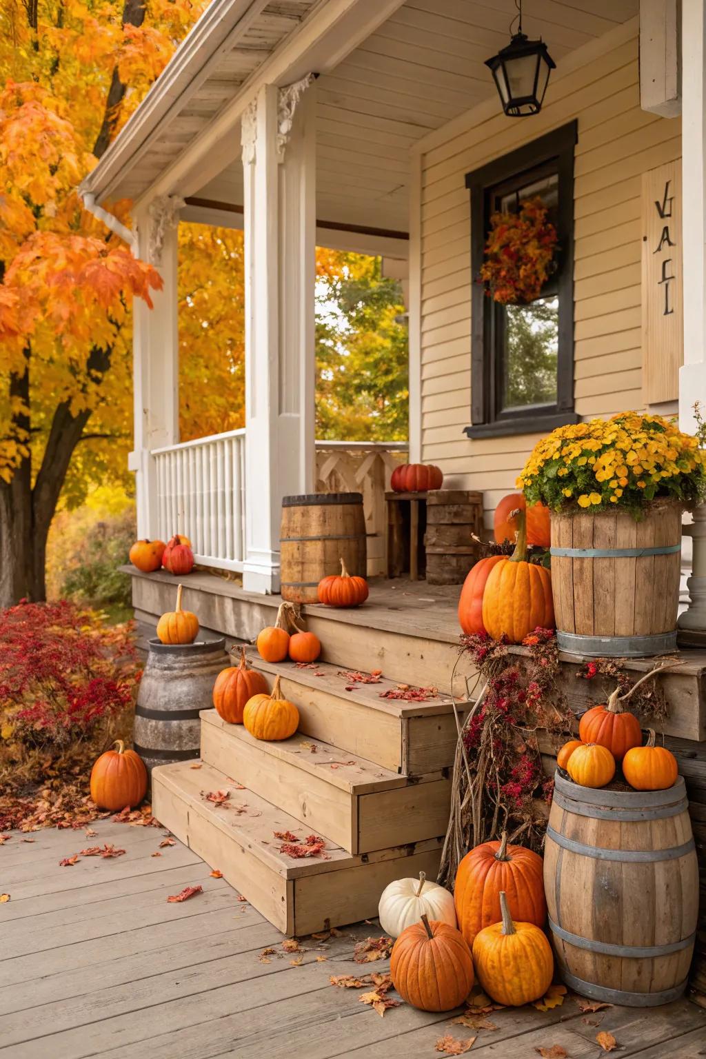 Wooden accents enhance the rustic appeal of pumpkin decor.