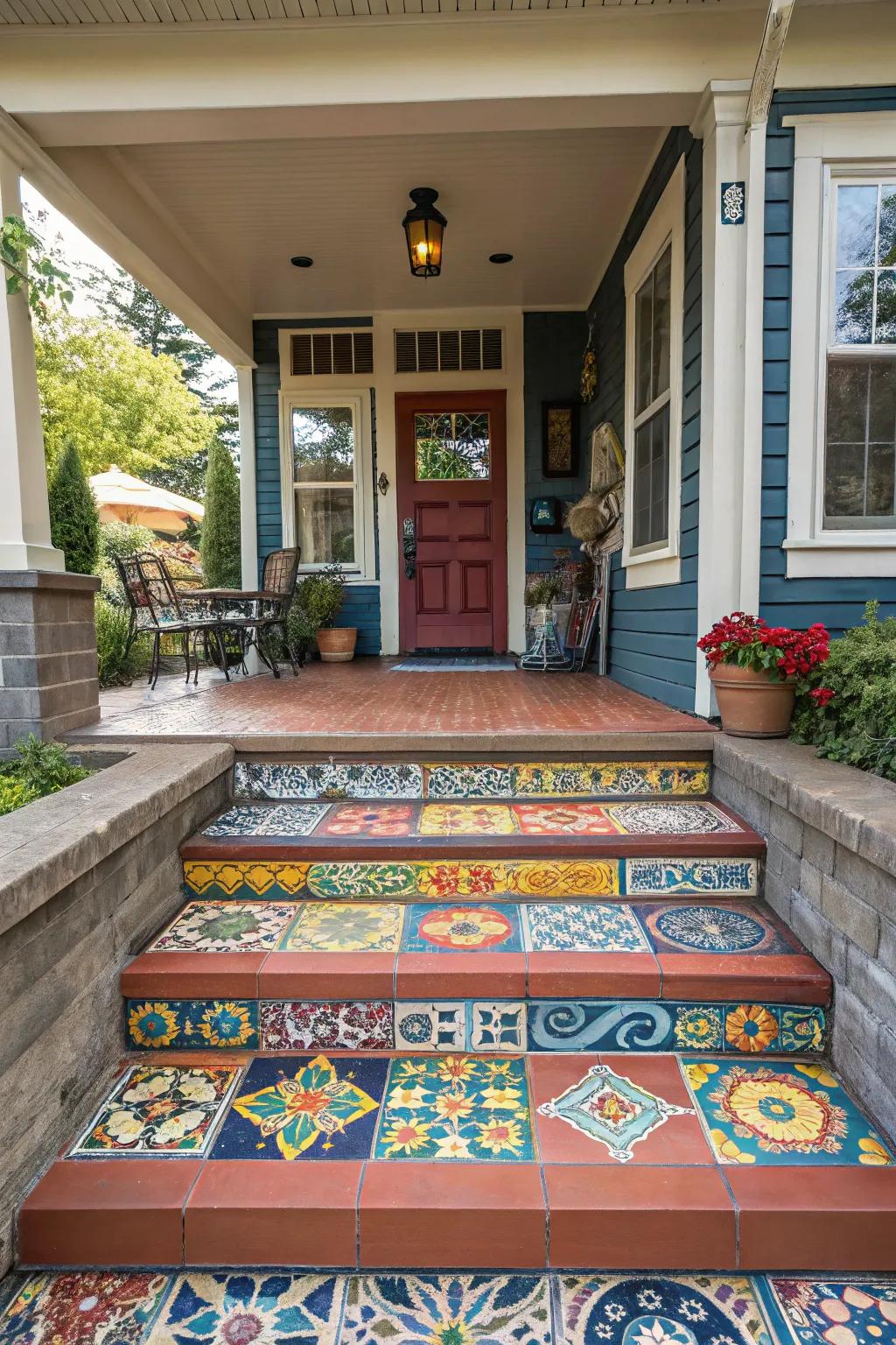 Bold tile designs make a striking statement on any porch.