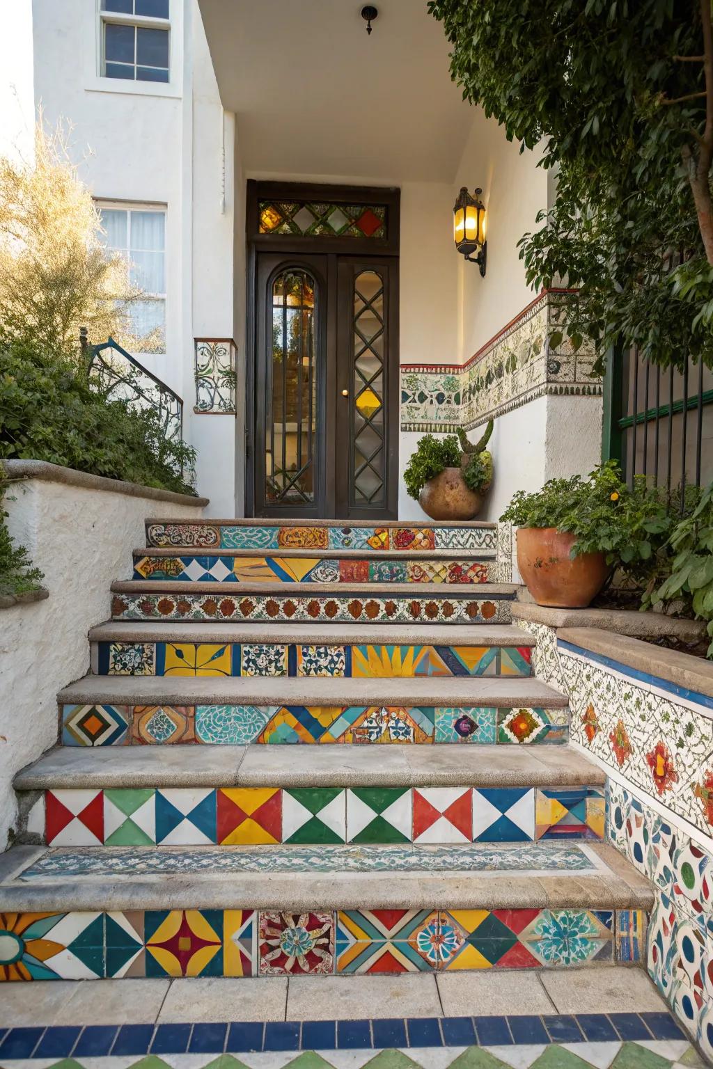 Geometric tiles add whimsy and color to your front steps.