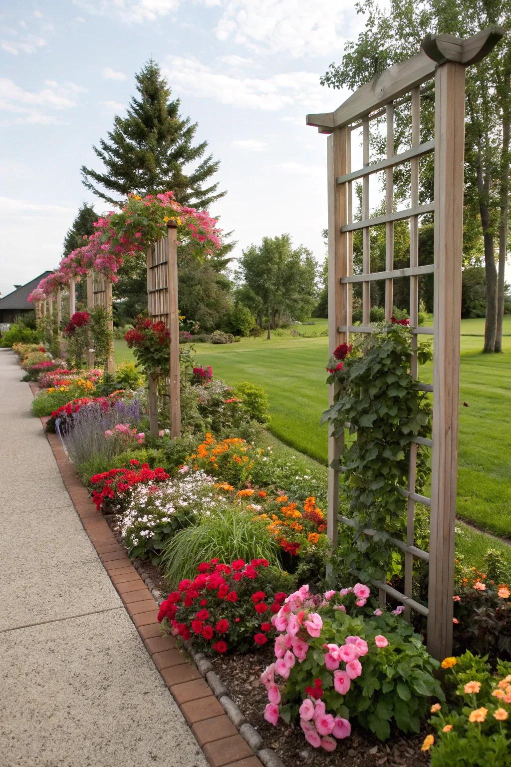 Add vertical interest with trellises in your flower beds.
