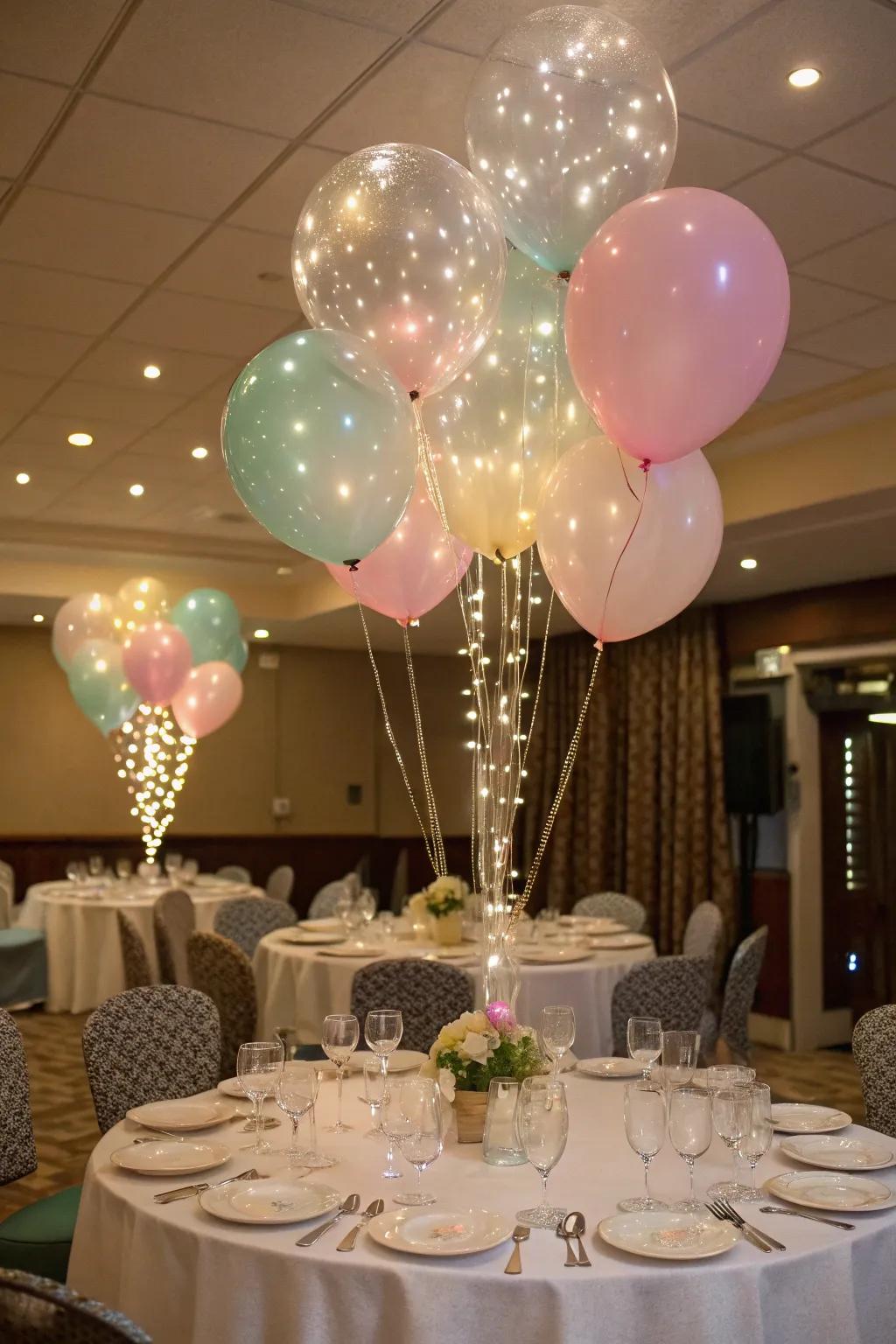 Whimsical elements like balloons and fairy lights add magic.