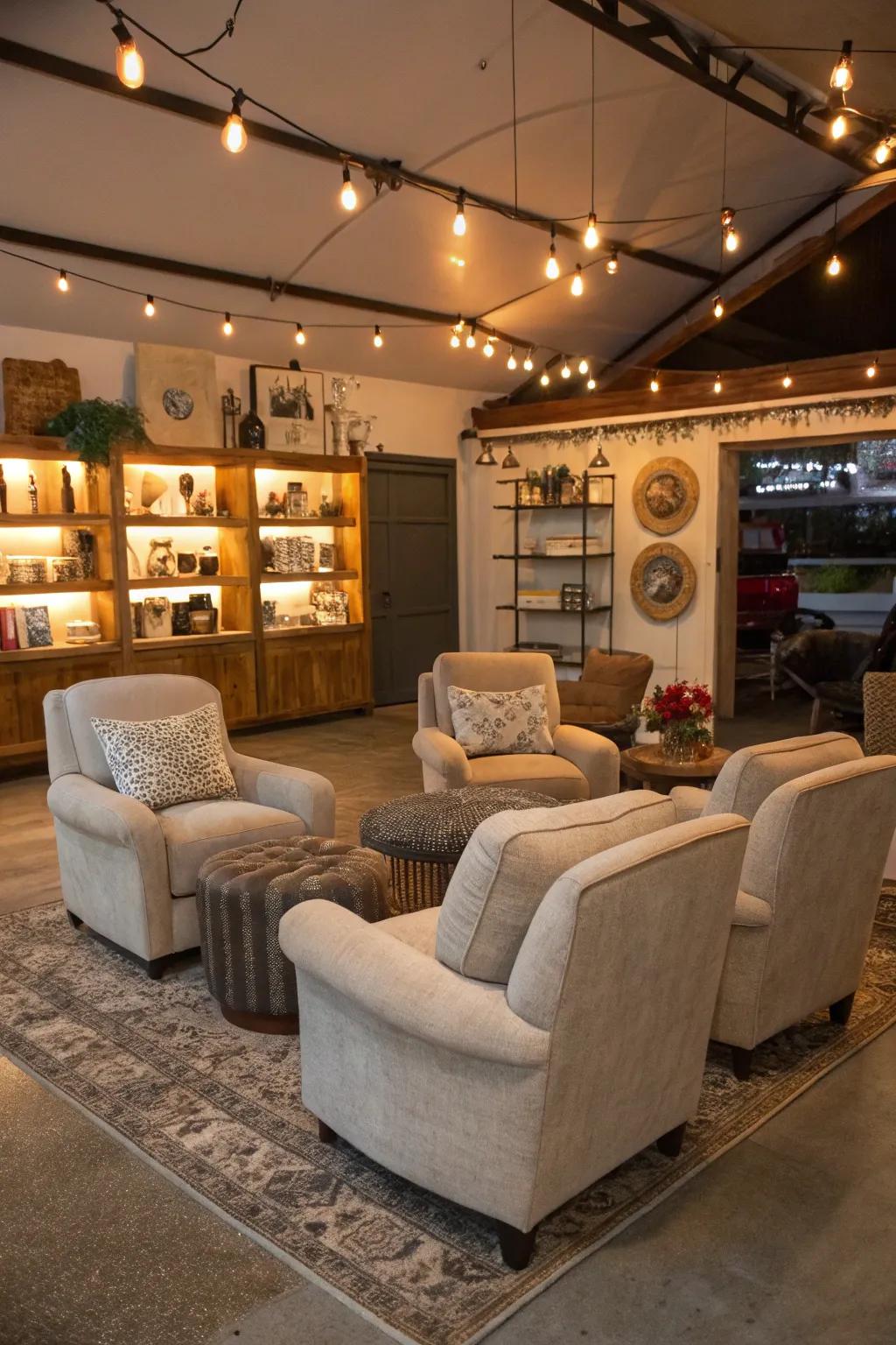 Cozy seating zones with plush chairs in a garage boutique.