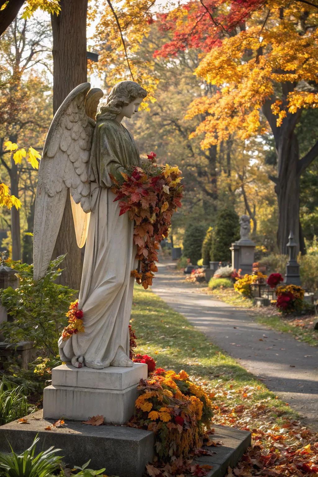 Seasonal angel adorned with autumn leaves.