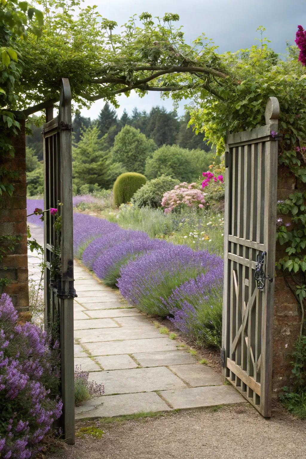 Garden gate leading to a fragrant lavender-lined pathway.