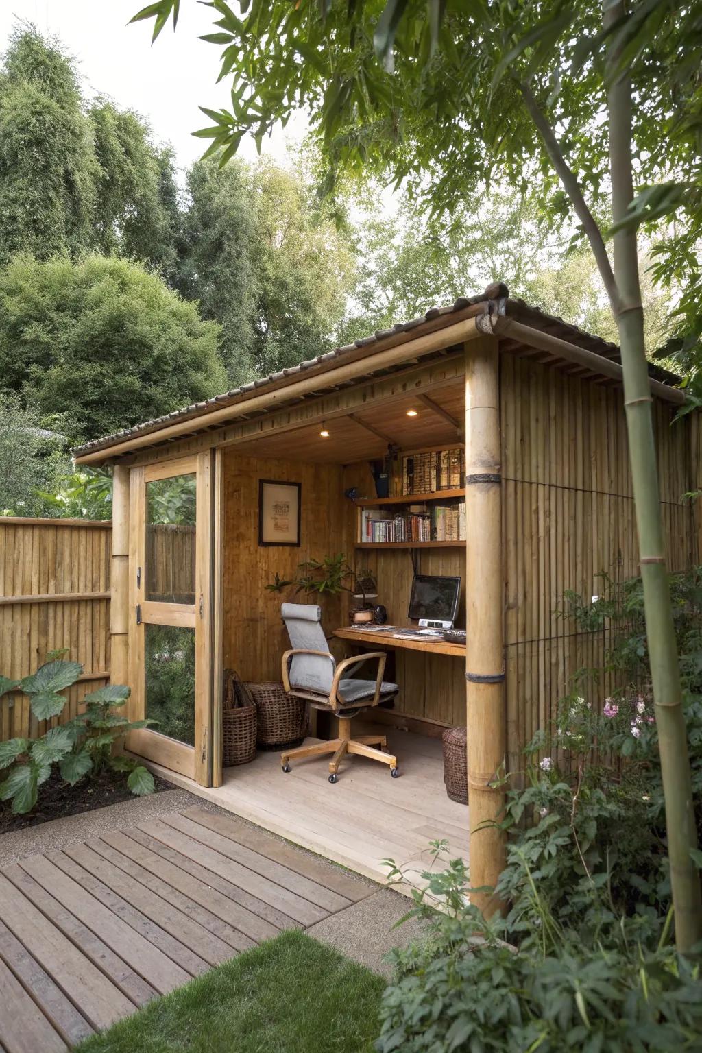 An eco-conscious garden office using sustainable materials for a greener workspace.