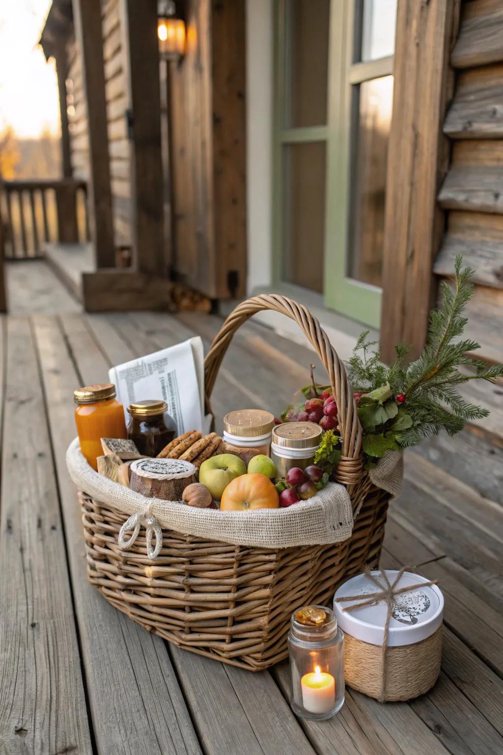 A rustic-themed gift basket with natural elements.