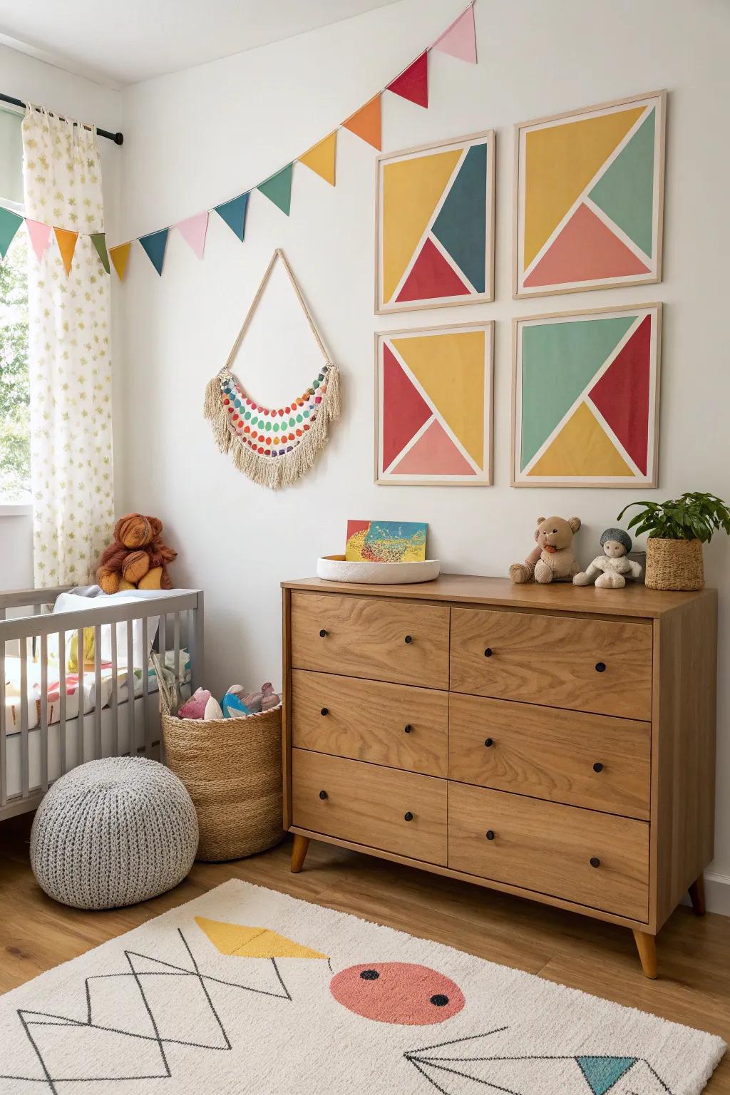 Geometric wall art adds a modern twist to the nursery.