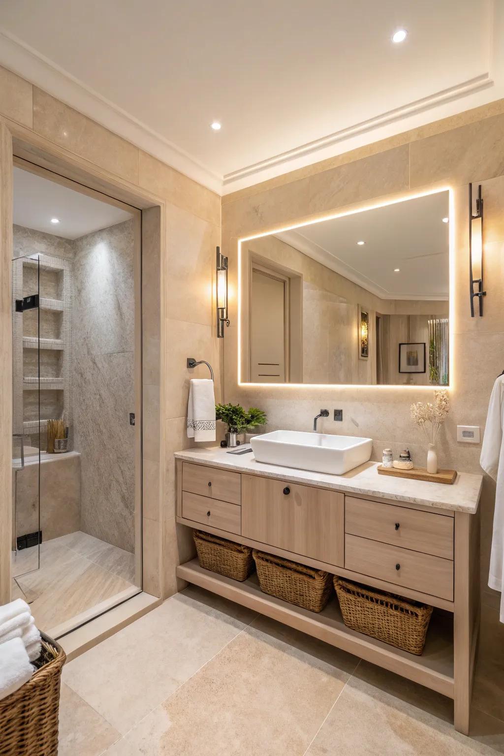 A serene bathroom featuring neutral color tones and soft lighting.