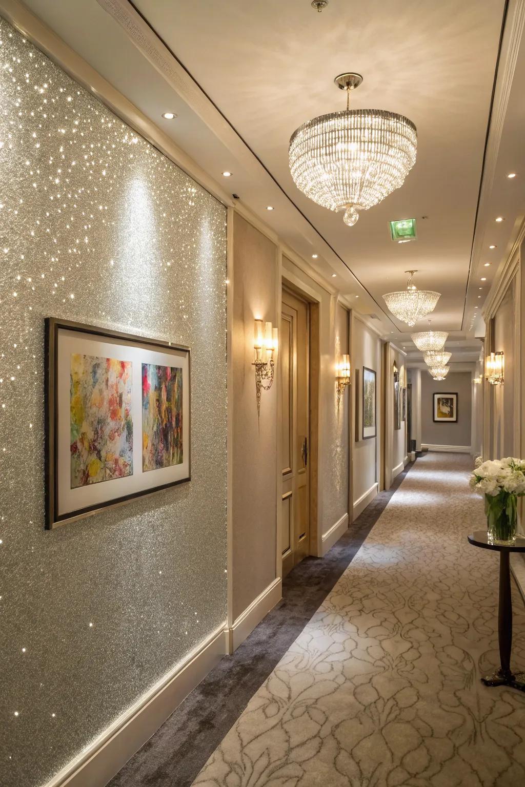 A glitter accent wall highlights a hallway.