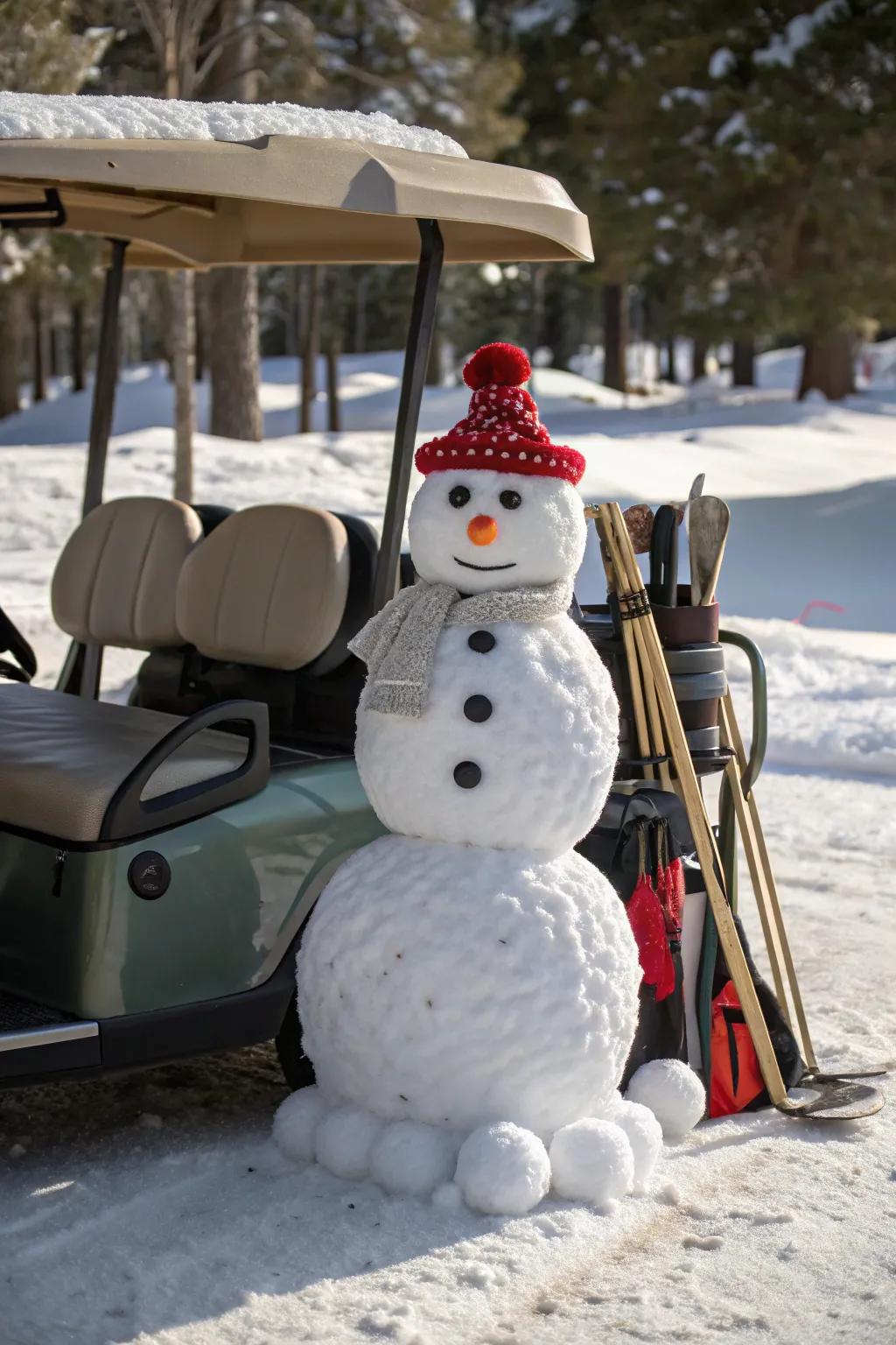 A snowman brings winter cheer to this golf cart.