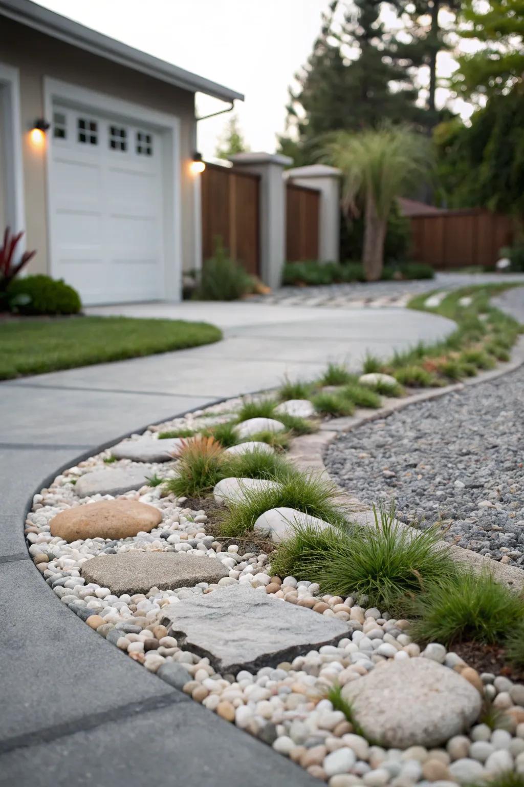 A serene Zen garden effect with pebbles and grass.