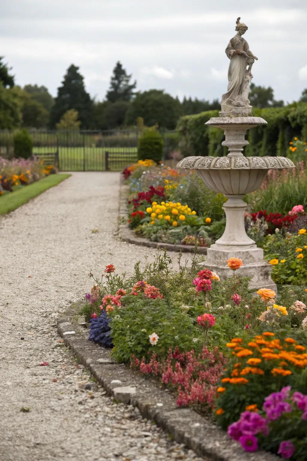 A decorative statue adding flair to a gravel flower bed