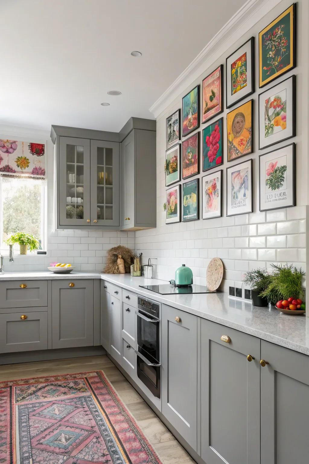 Statement wall art personalizes the kitchen, adding color and intrigue.