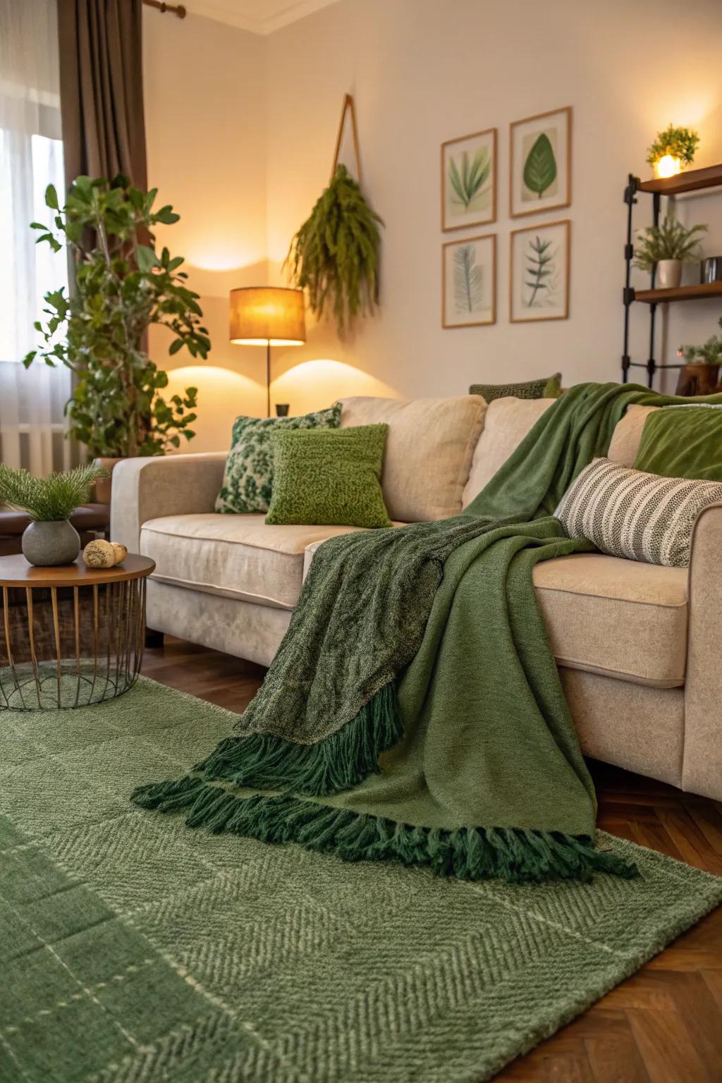 Layering green textiles adds warmth and depth to your space.