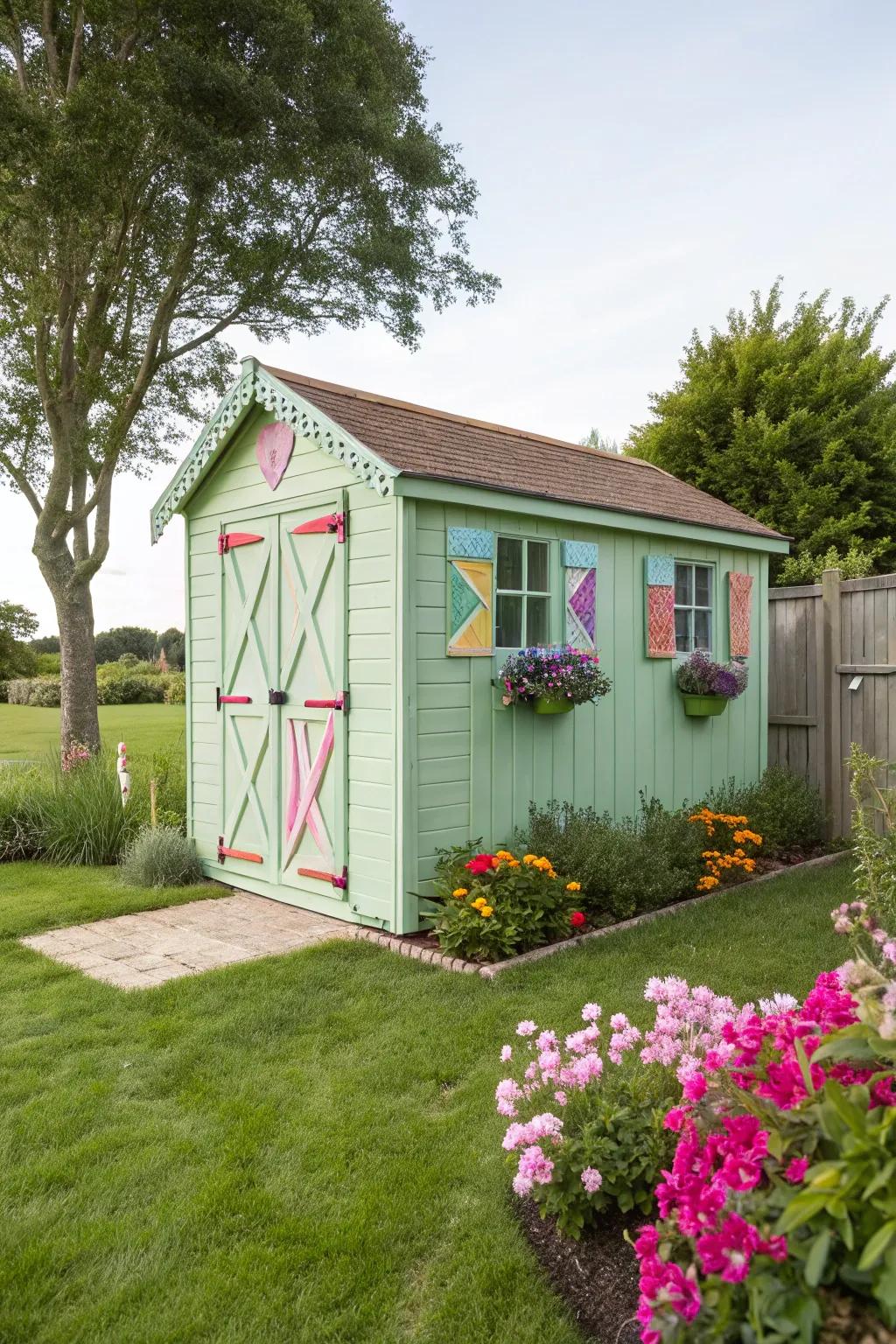 A pastel green shed brings a touch of whimsy to the garden.