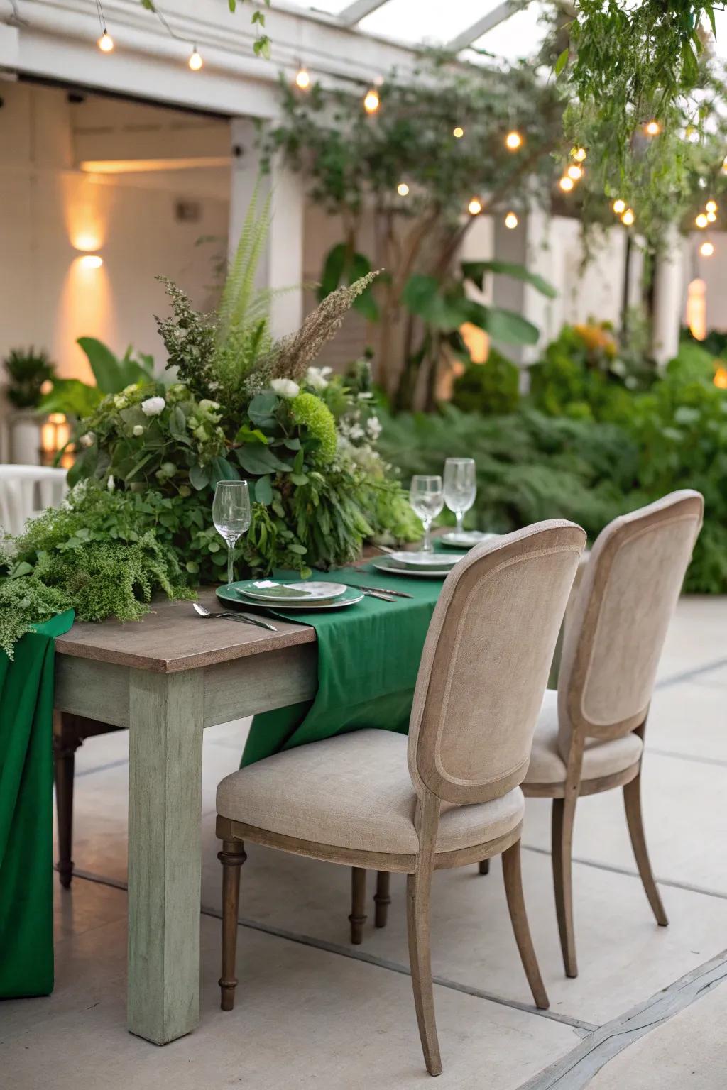 Elegant muted chairs providing contrast to green settings.