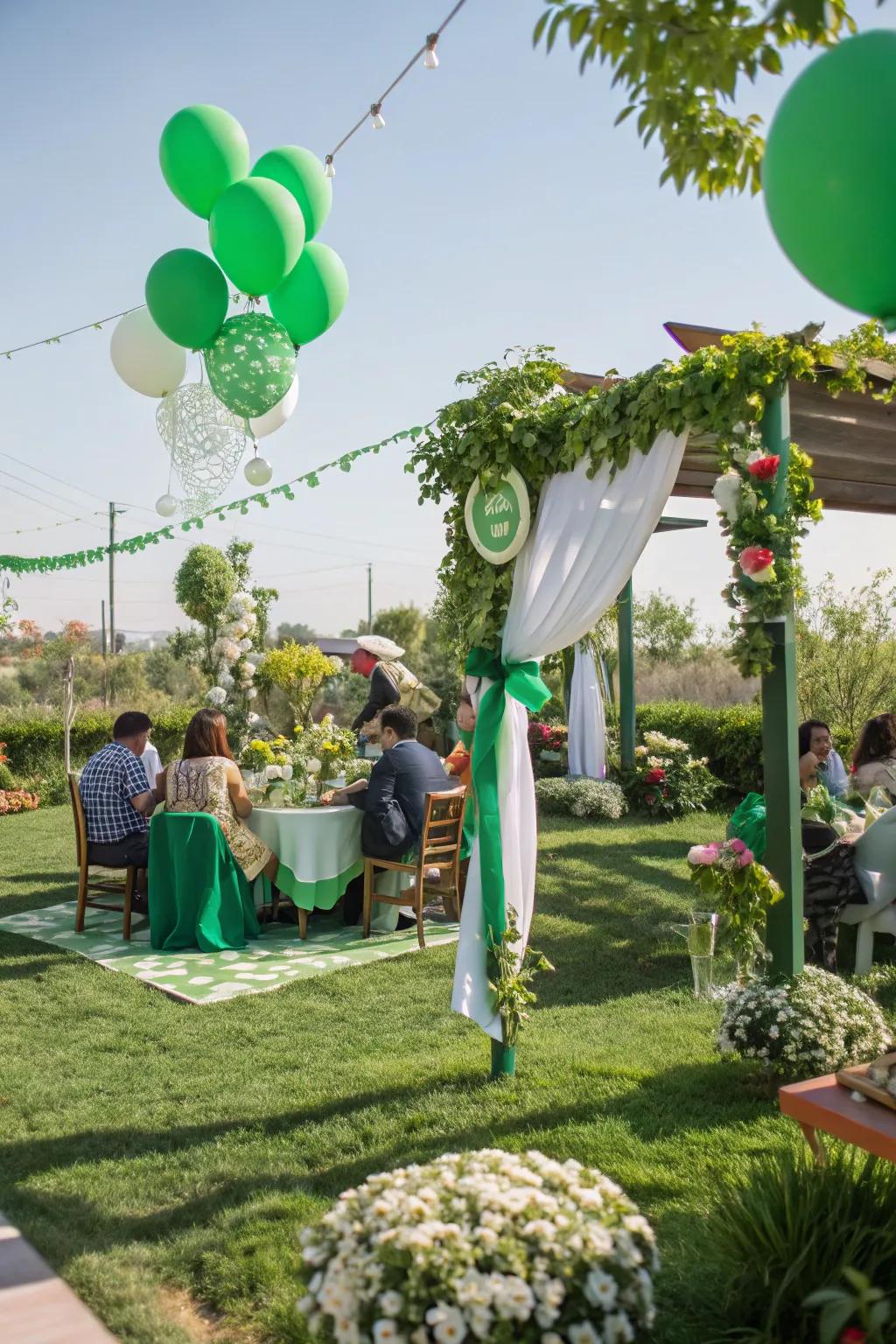 A vibrant garden party with green themes.