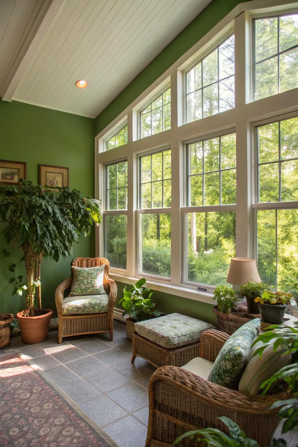 A sunlit room where a green wall flourishes and brightens the space.