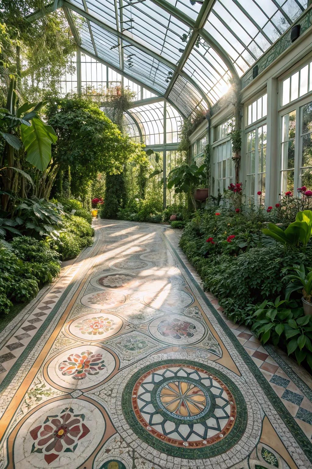 Mosaic patterns turn your greenhouse floor into a work of art.