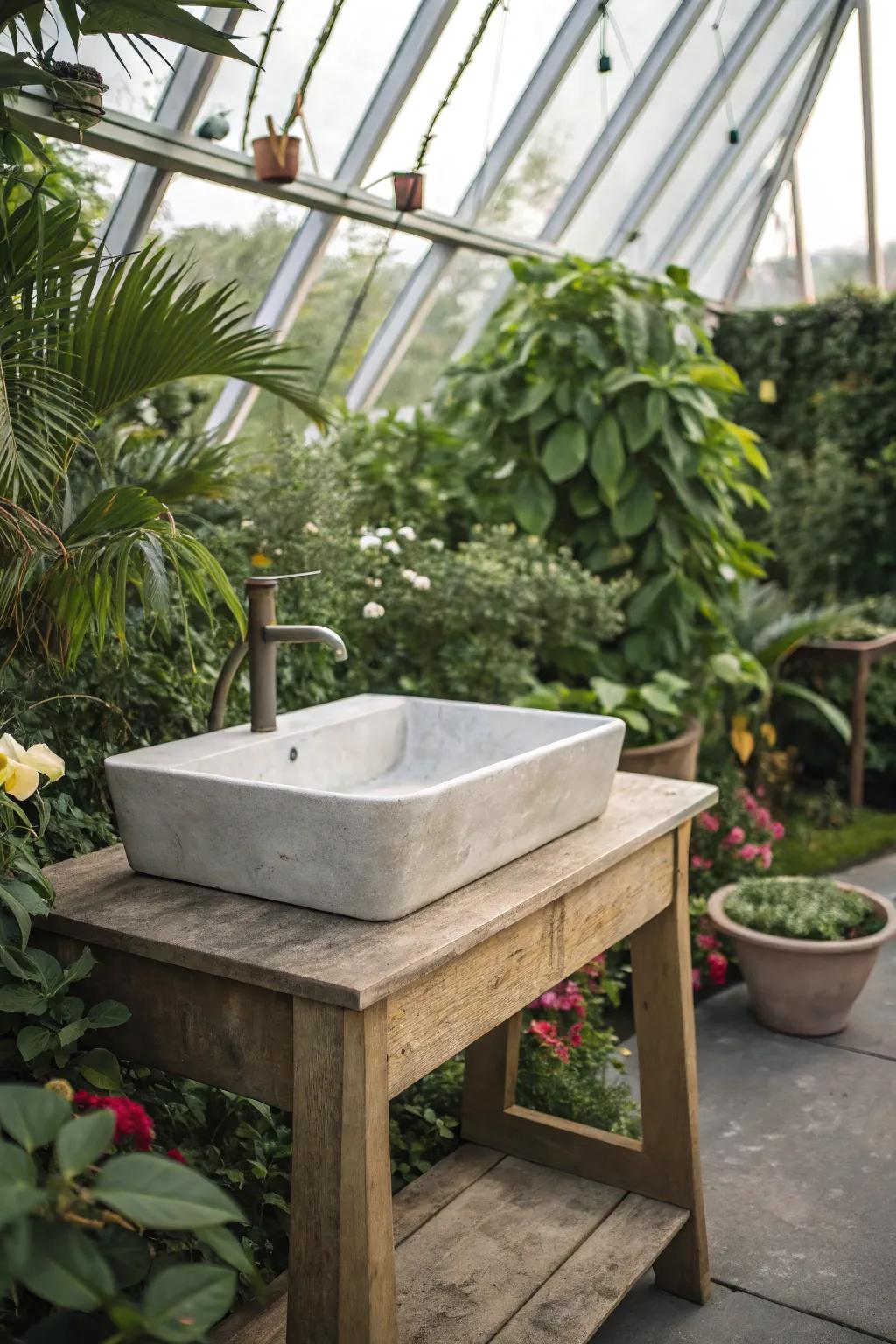 A DIY concrete sink that offers a modern touch to any greenhouse.