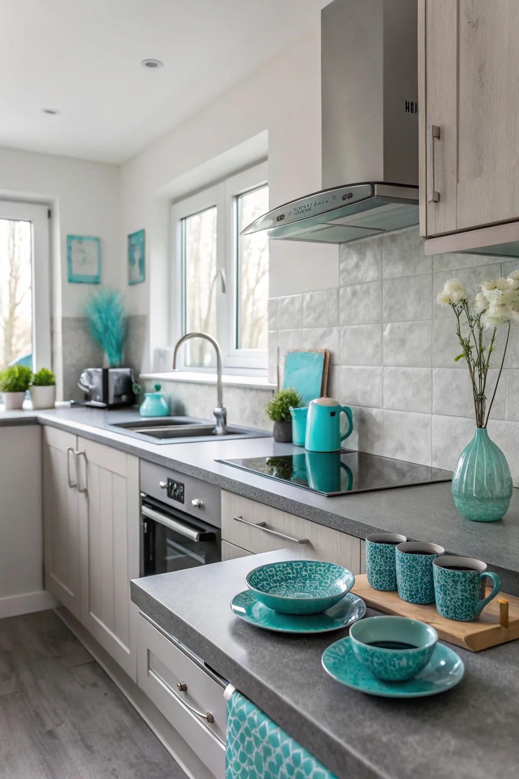 Turquoise decor brings life to elegant grey countertops.