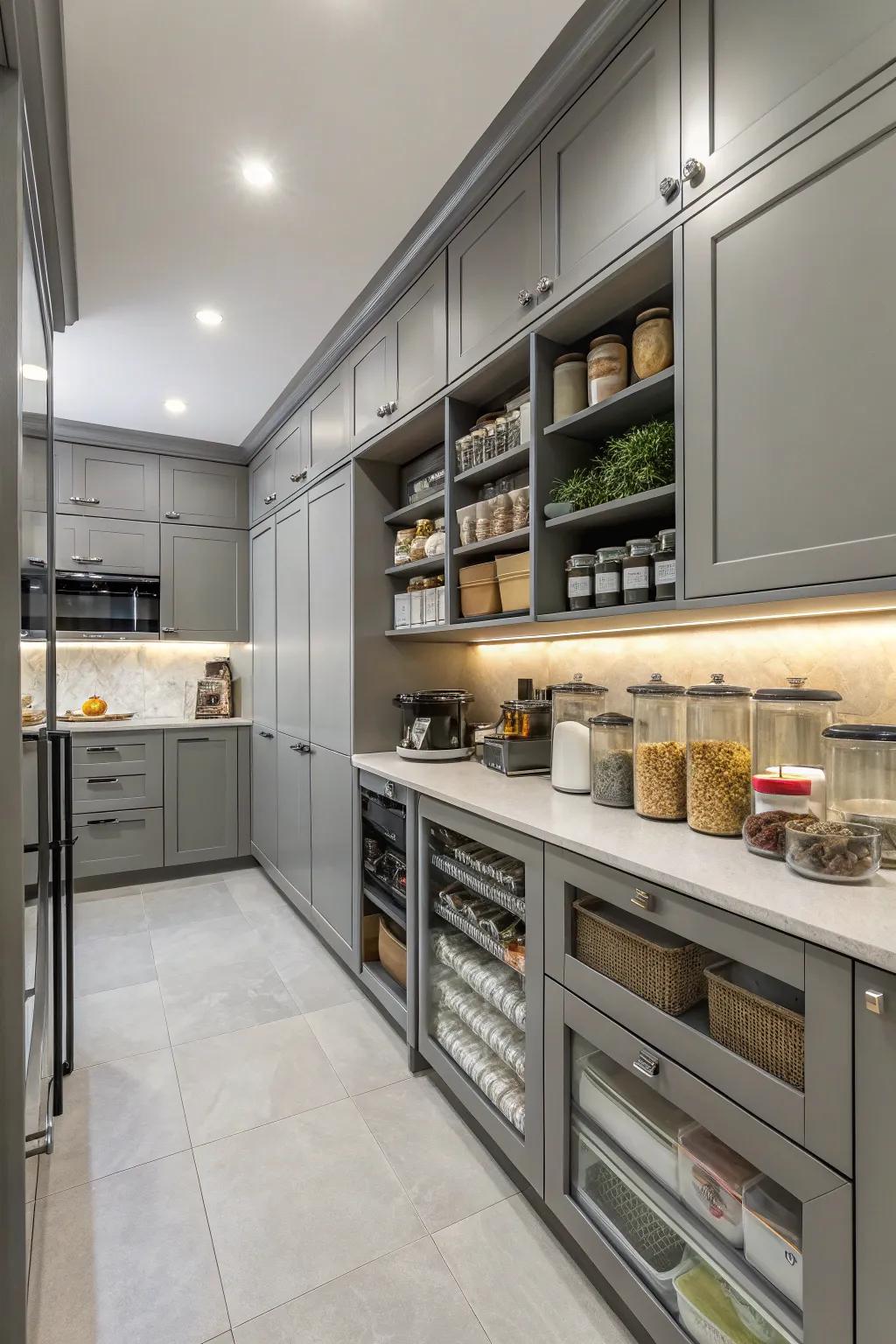 Functional design keeps a grey kitchen organized and efficient.