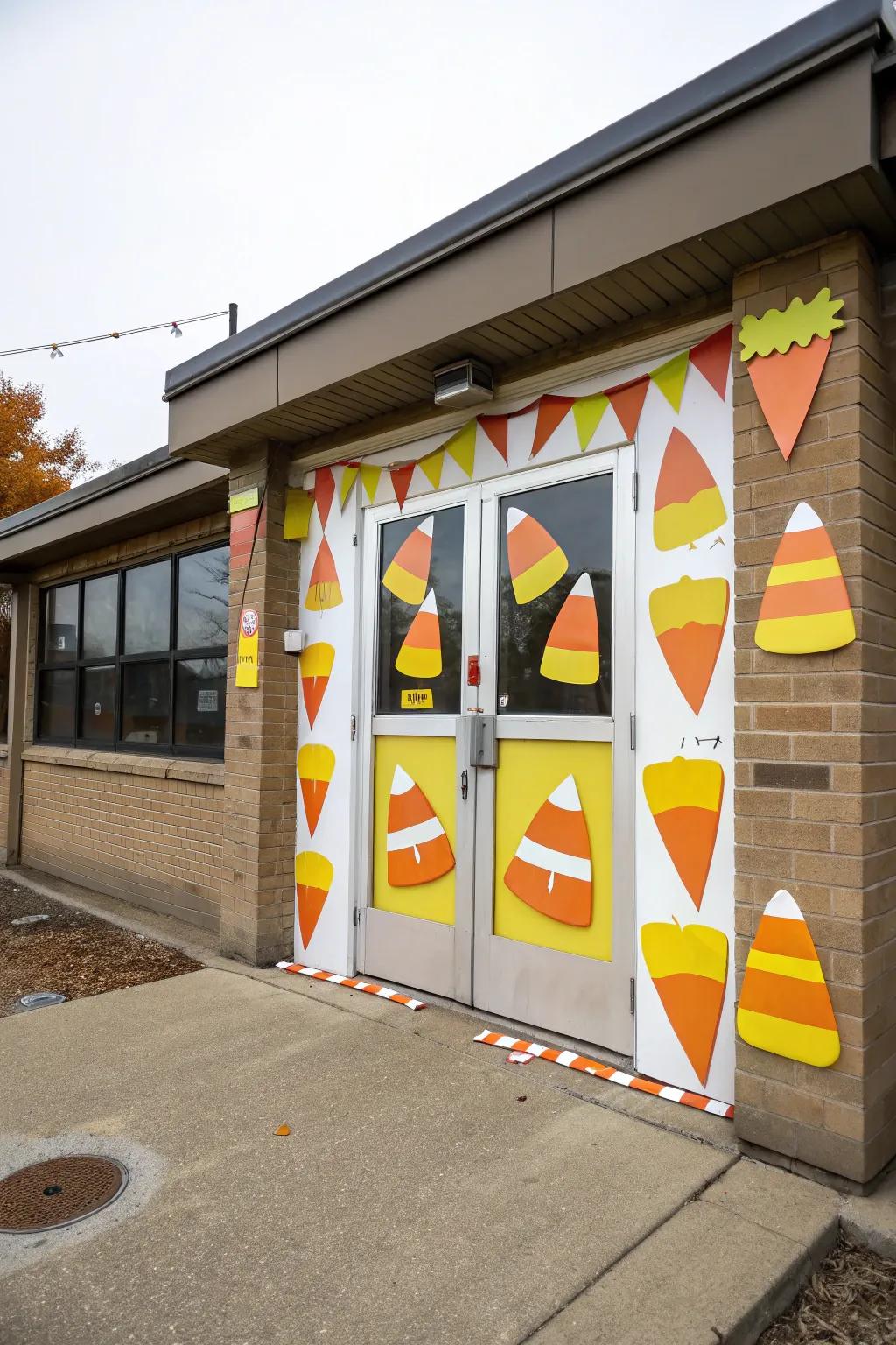 A candy corn-themed door, bringing sweet Halloween vibes.