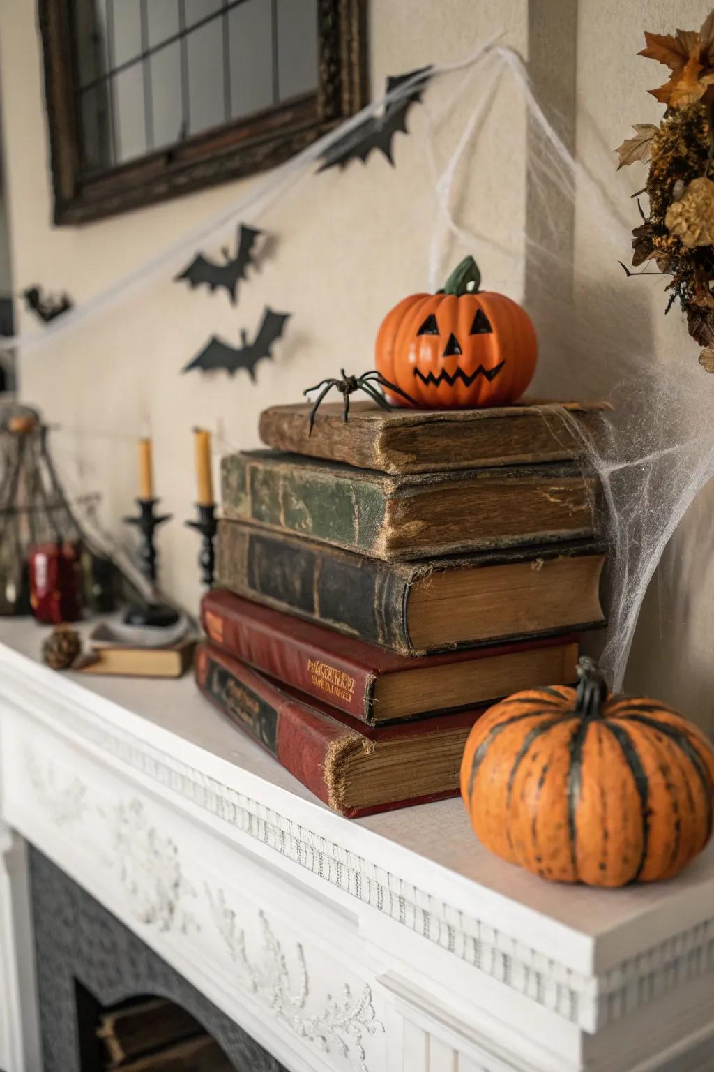 Vintage books add a scholarly, mysterious touch.