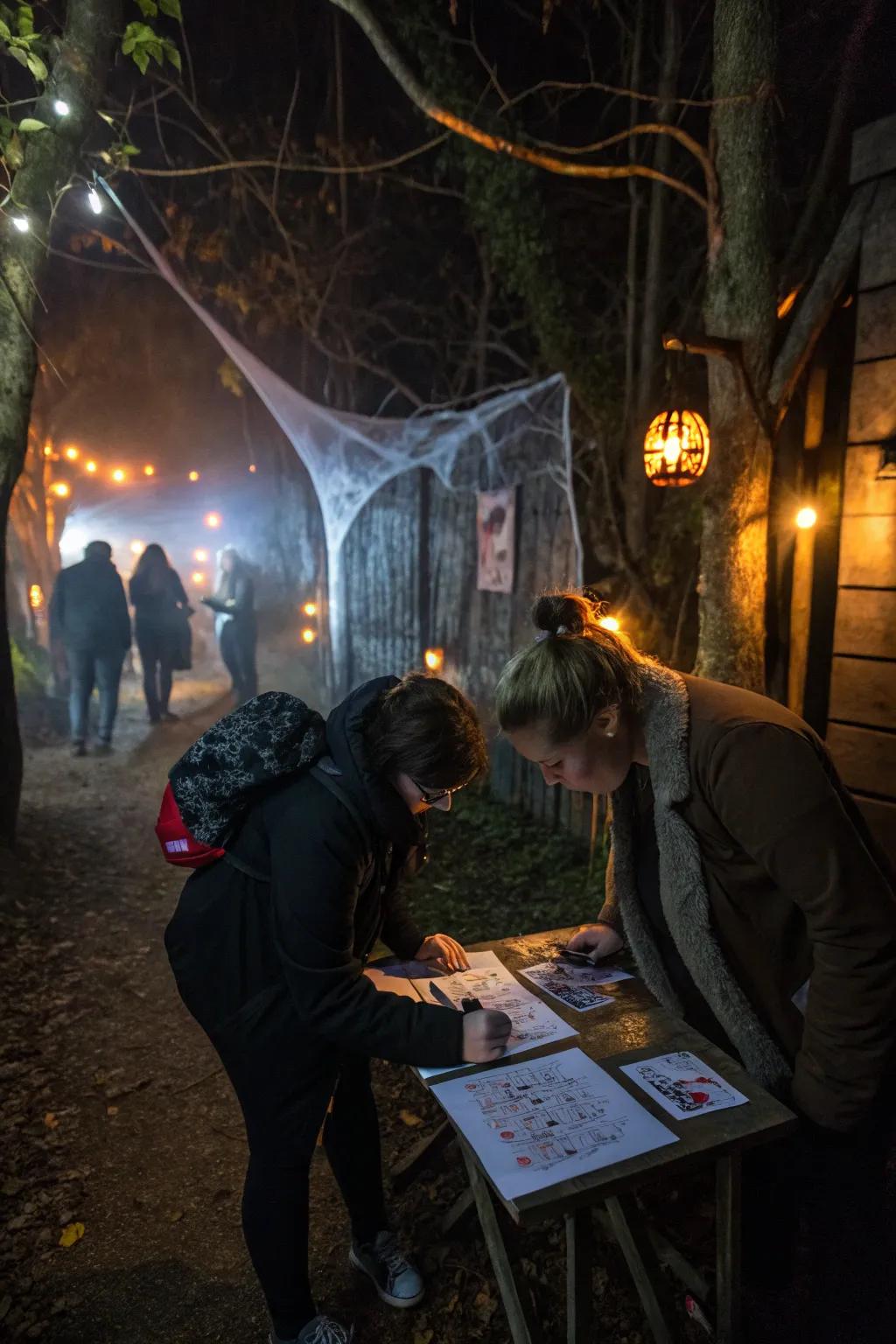 Interactive checkpoints challenge visitors with spooky puzzles.