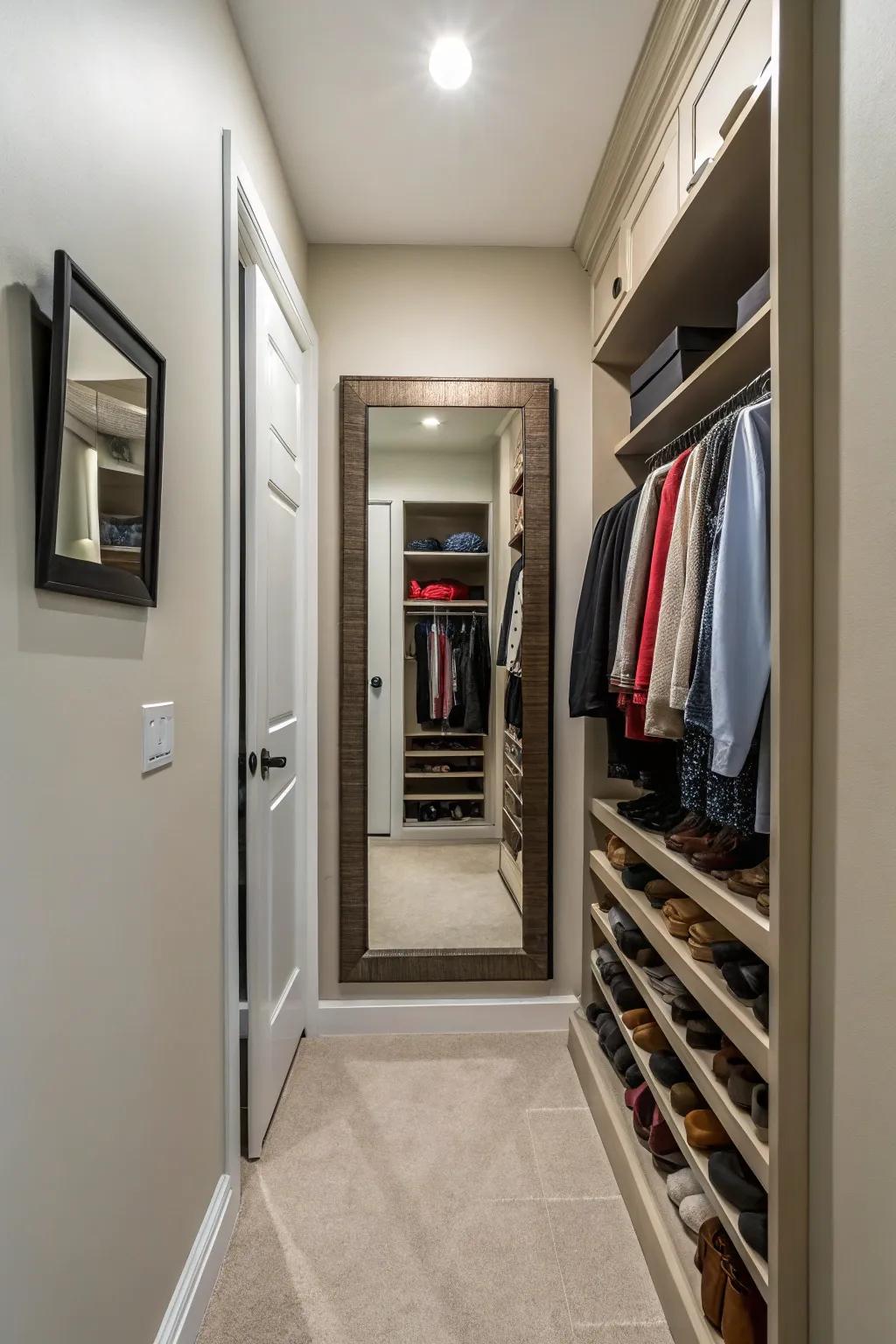 A mirror installed on the inside of a hallway closet door for convenience.