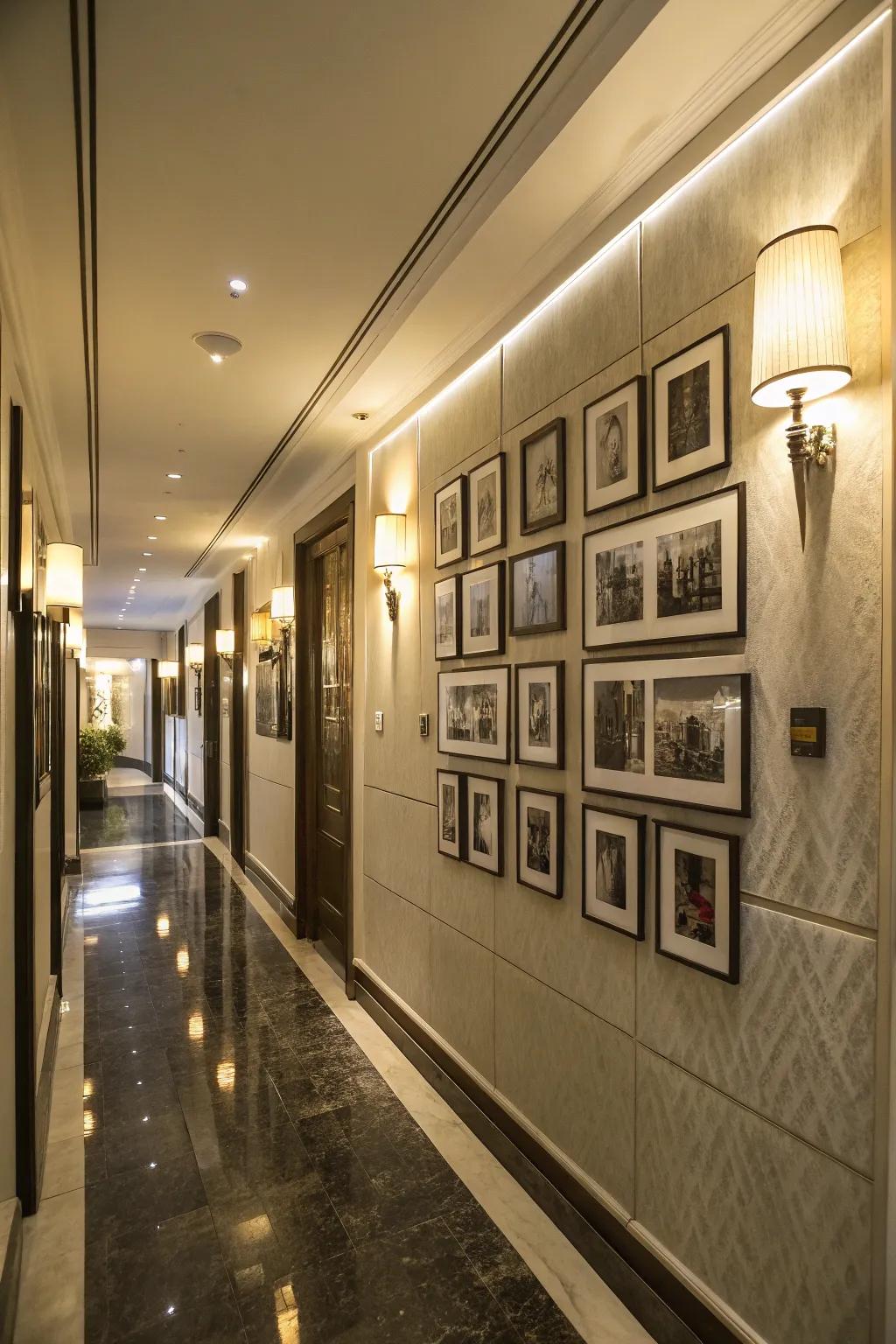 Lighting your photo wall adds warmth and focus.