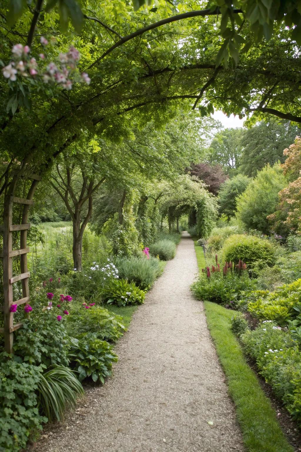 Gravel pathways add a rustic charm while improving drainage.