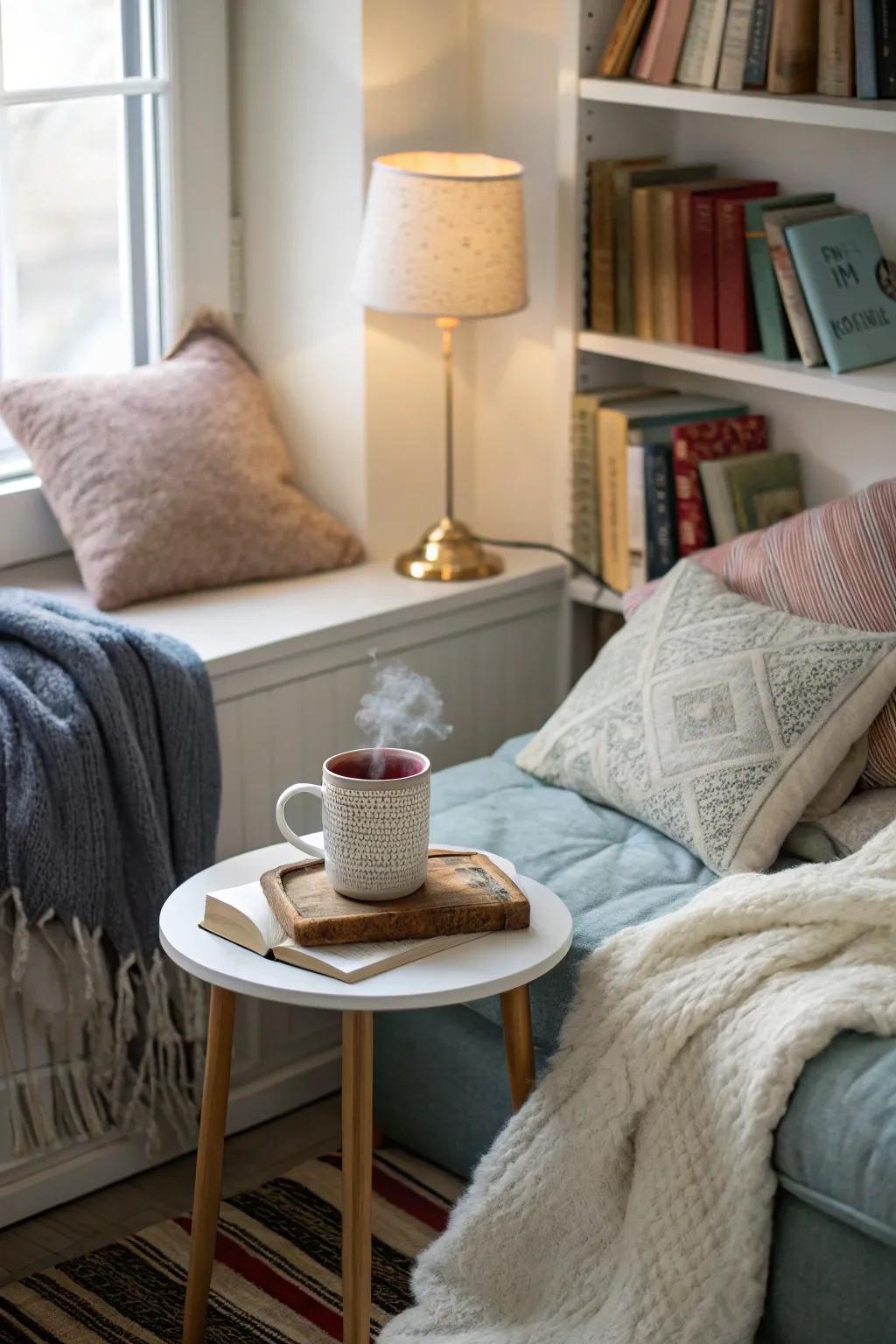 A cozy nook perfect for relaxing with warm drinks.