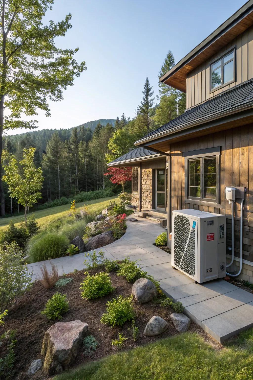 A residential exterior showcasing a geothermal heat pump system, blending with the natural landscape.