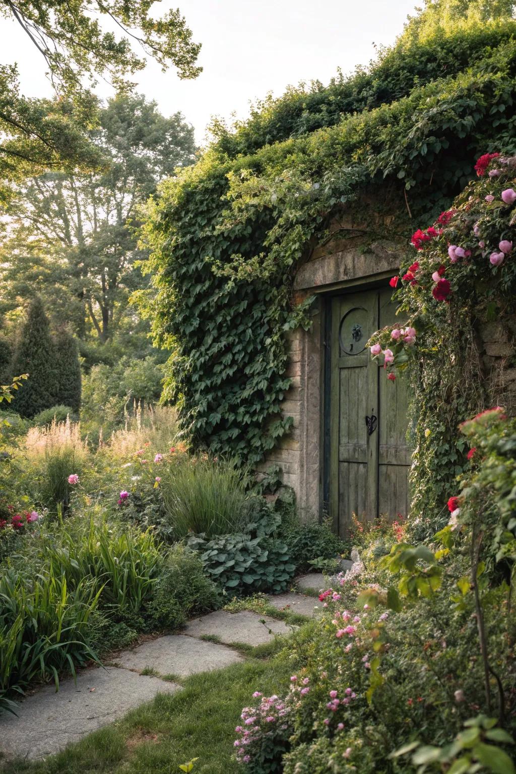 Nature conceals a door with lush greenery.