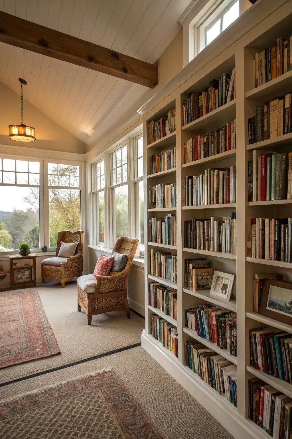 Open shelving creates an airy and accessible library.