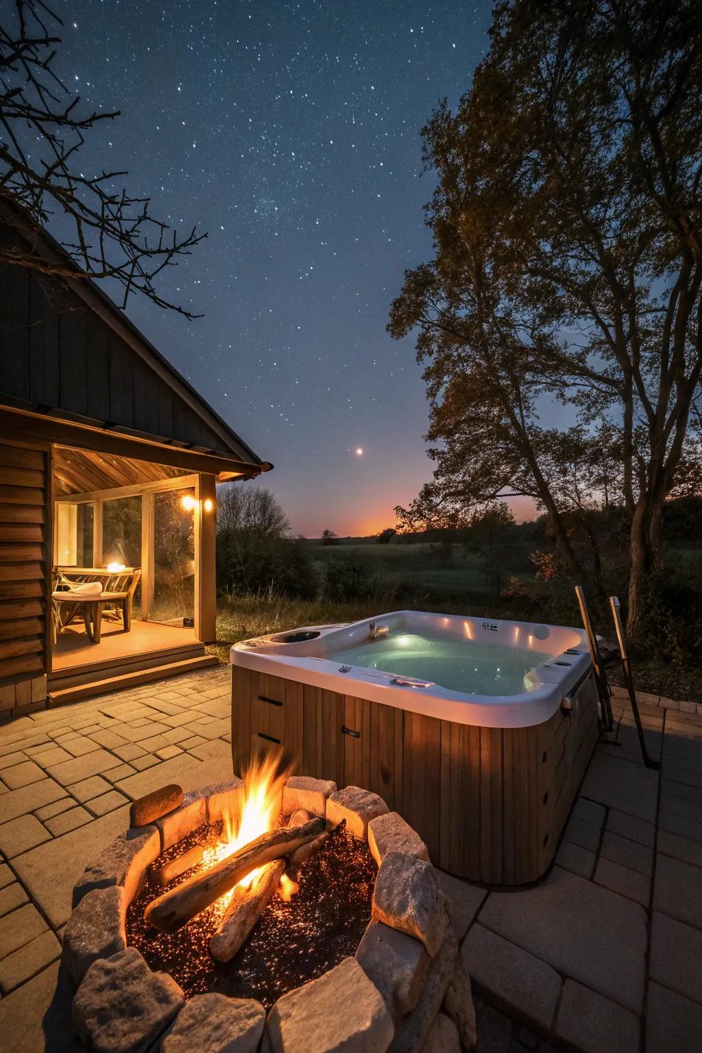 A harmonious blend of fire and water with a hot tub and fire pit.