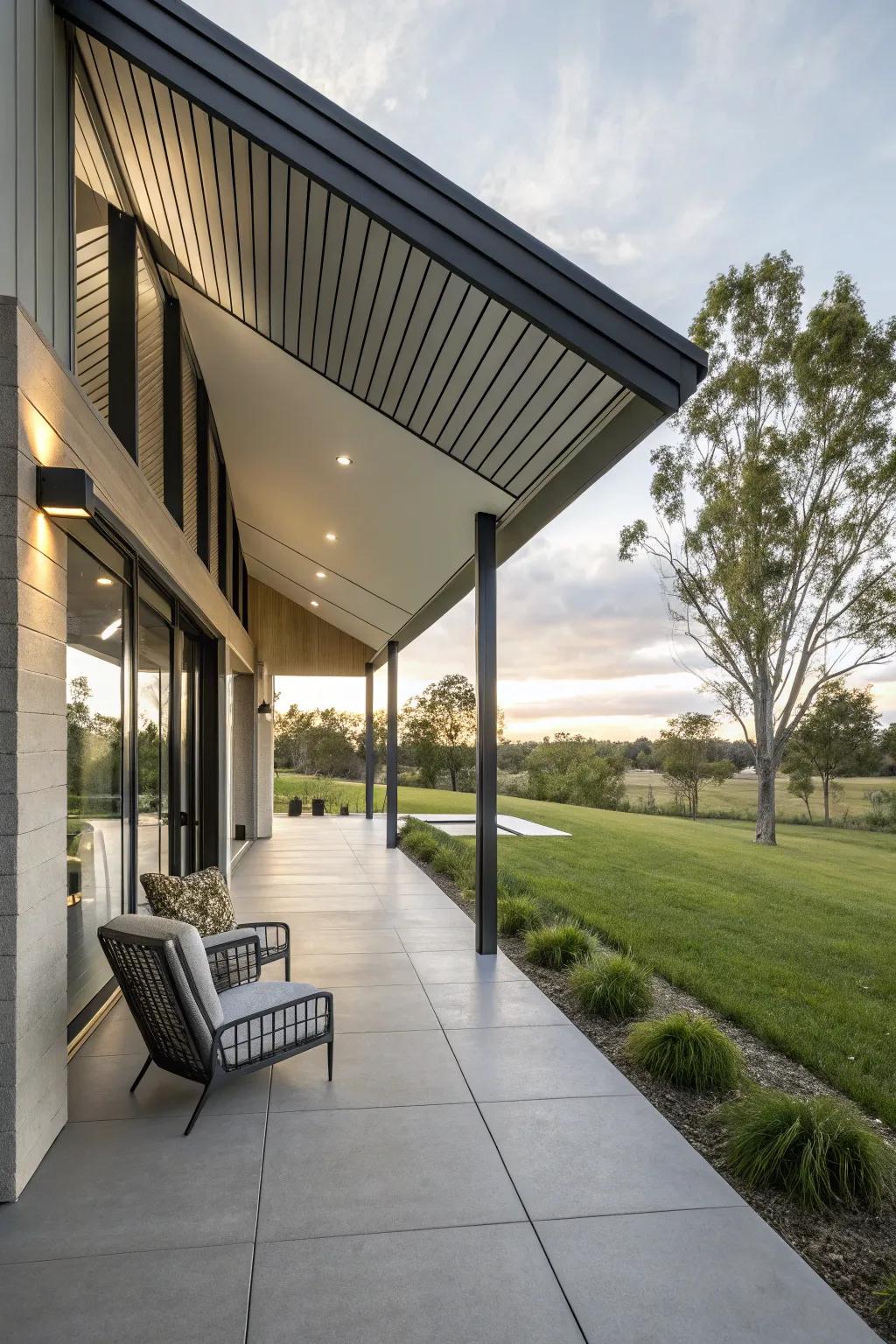 A unique roof design adds character to this modern porch.