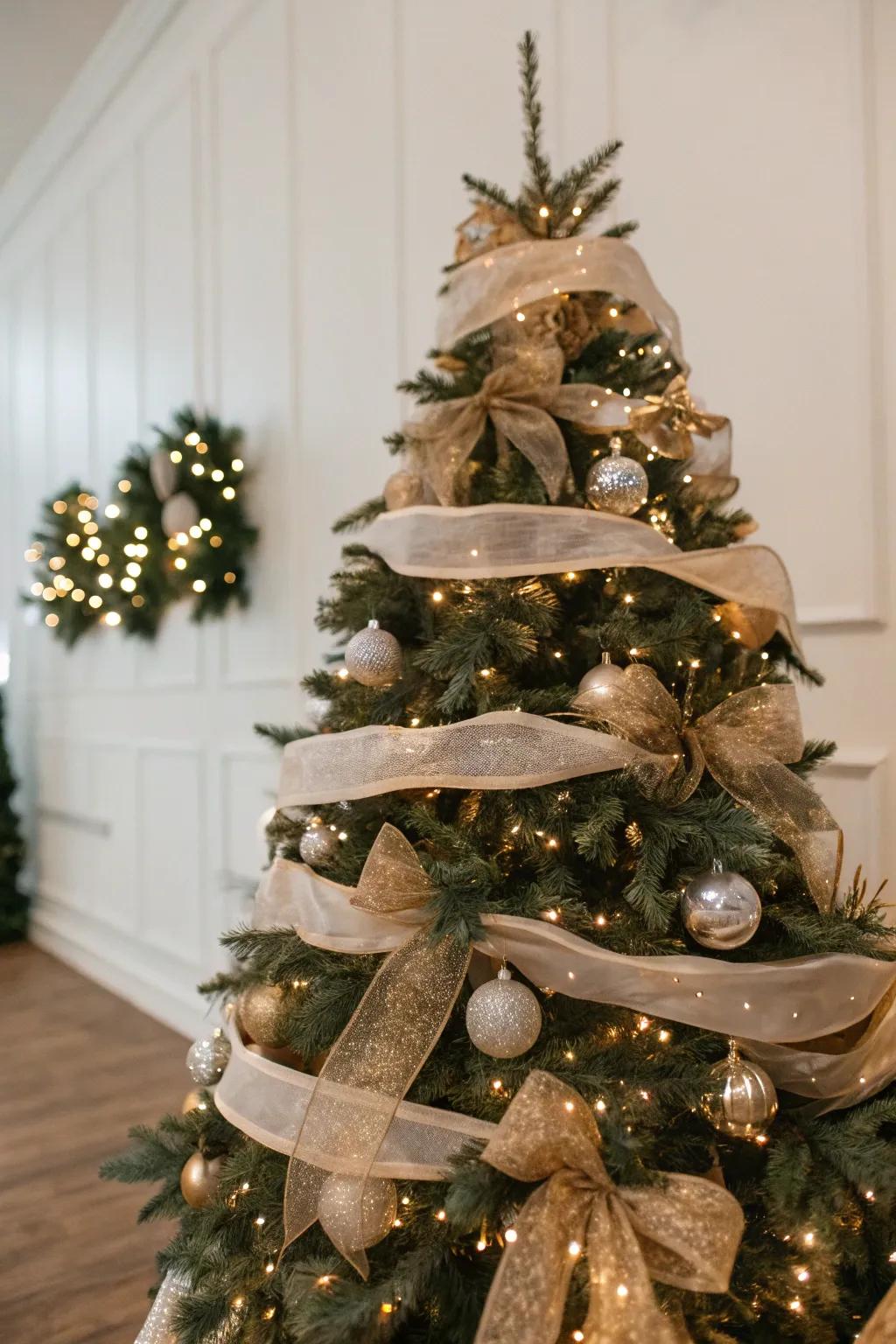 An elegant Christmas tree featuring beautifully layered ribbon decorations.