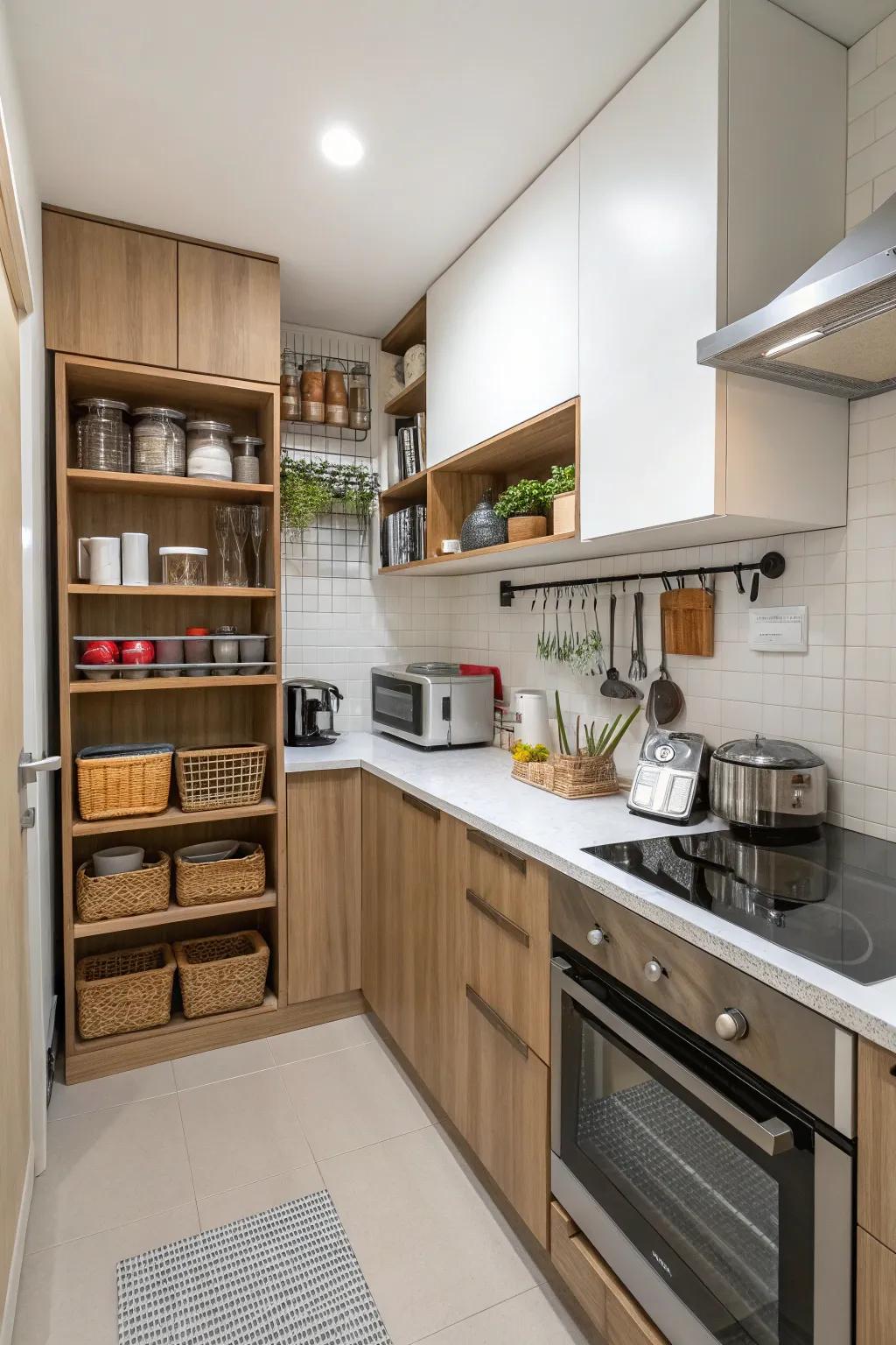 Efficient use of space in a compact kitchen setting.