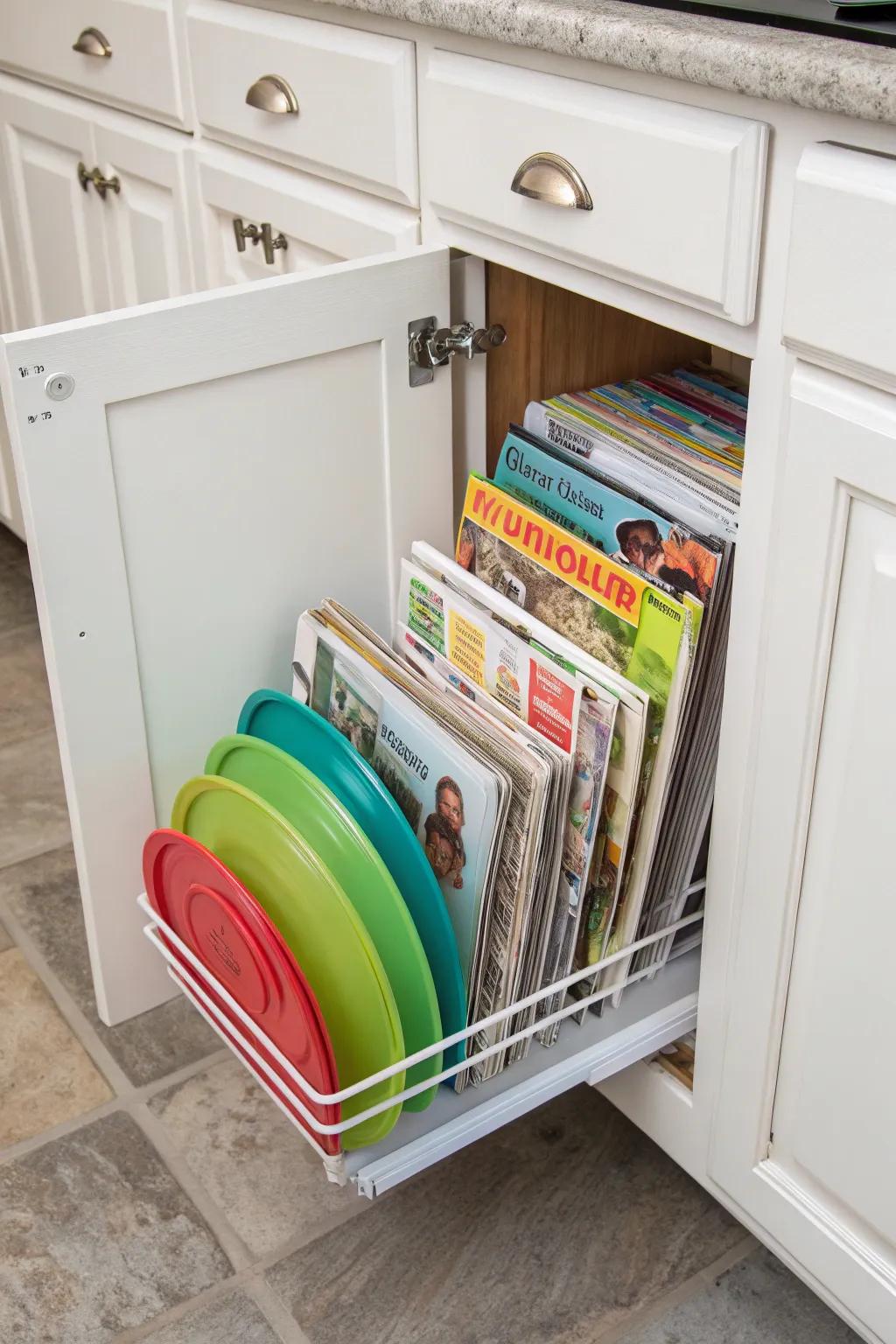 Magazine rack inside a cabinet door for storing plastic lids.
