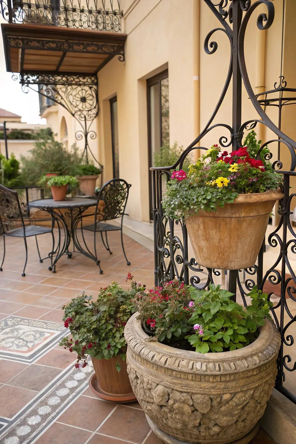 Artistic decor elements add personal charm to an outdoor space.