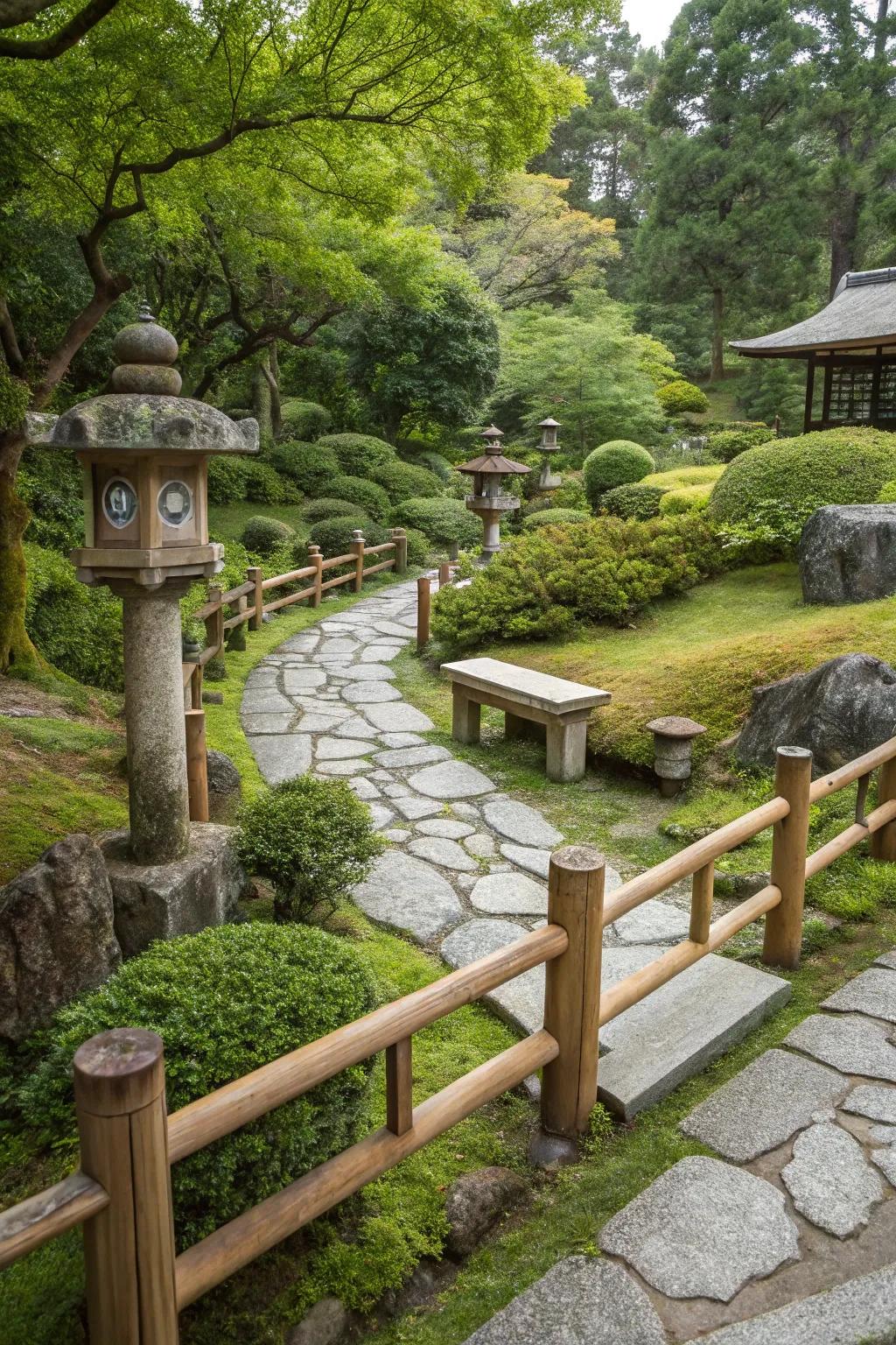 Wooden fences and seating areas in a Japanese garden.