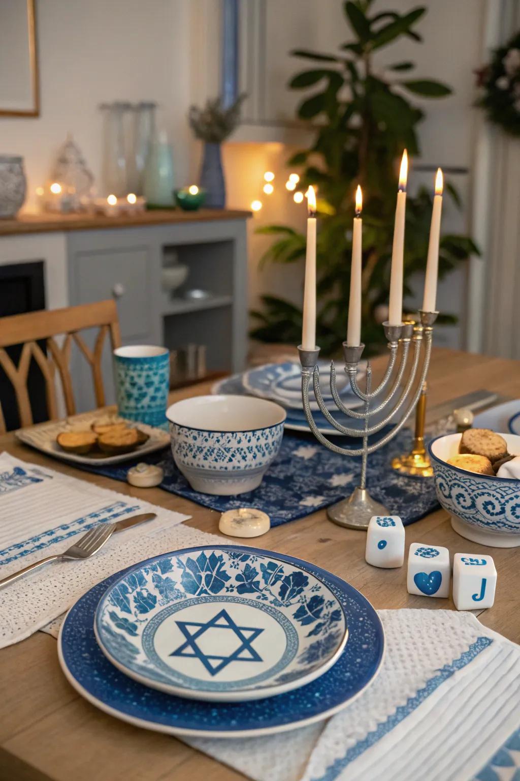 A Hanukkah-themed table setting bringing festivity to everyday dining.