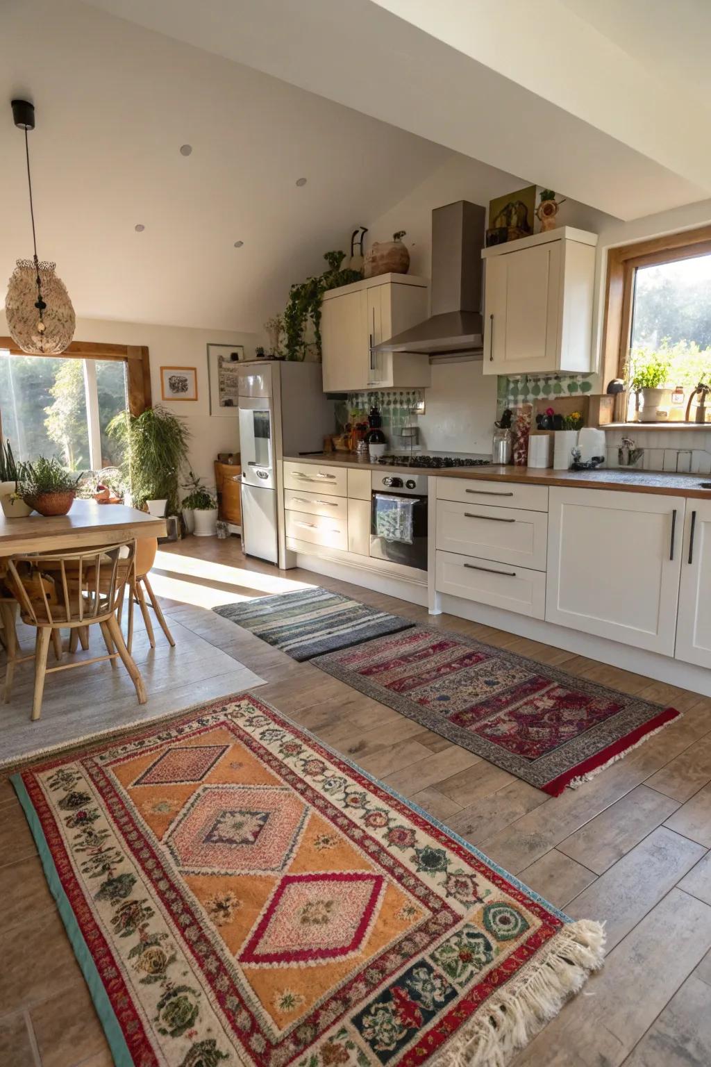 Rugs can effectively define zones in open-plan kitchens.