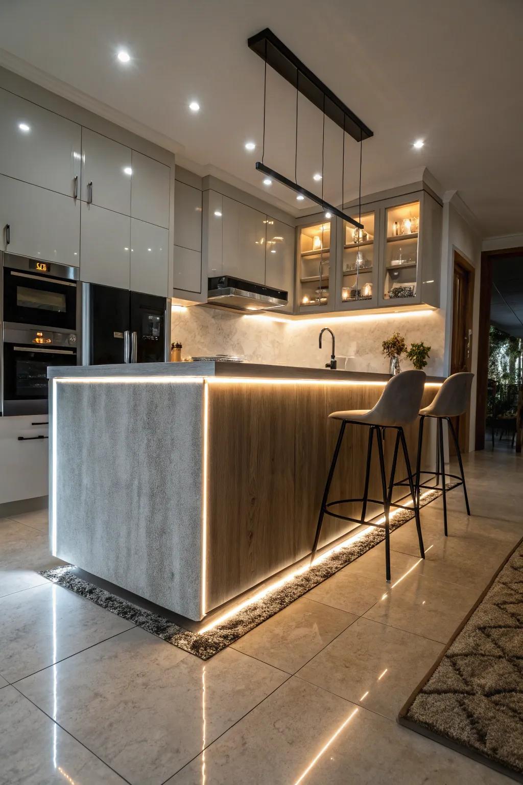 Make your kitchen island stand out with underside lighting.