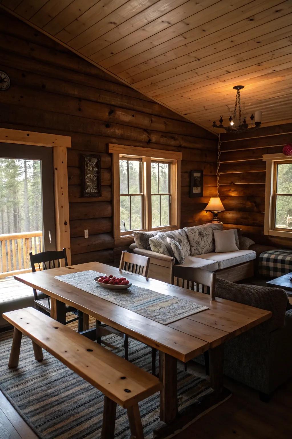 Functional furniture inviting relaxation in a knotty pine cabin.
