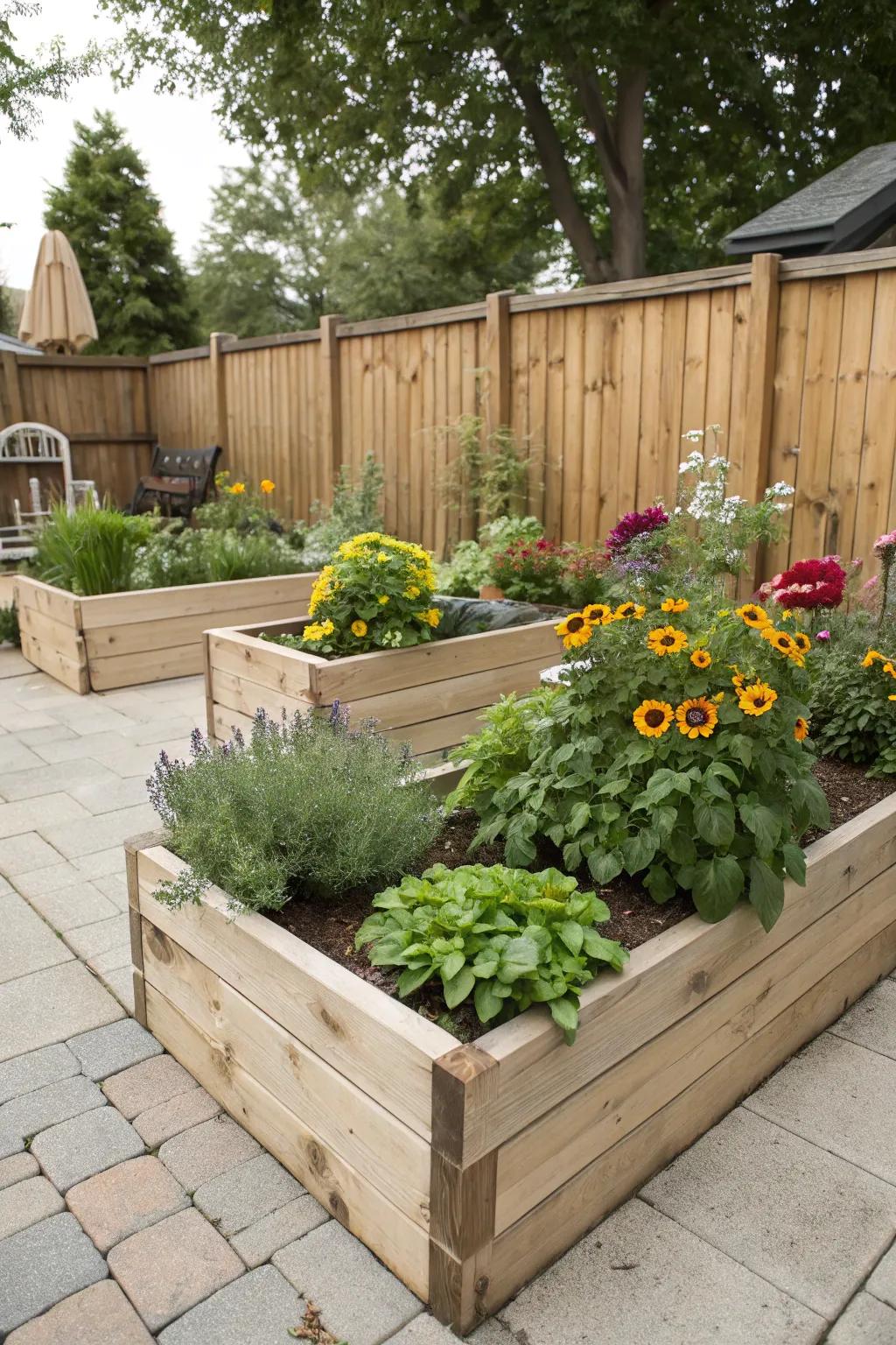 Timber planters add height and interest to garden displays.