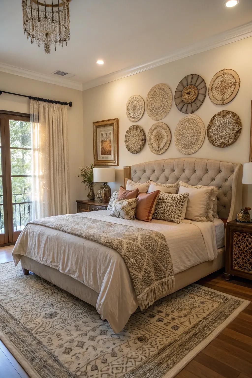 Art and decor elements personalize and enhance this large bedroom.