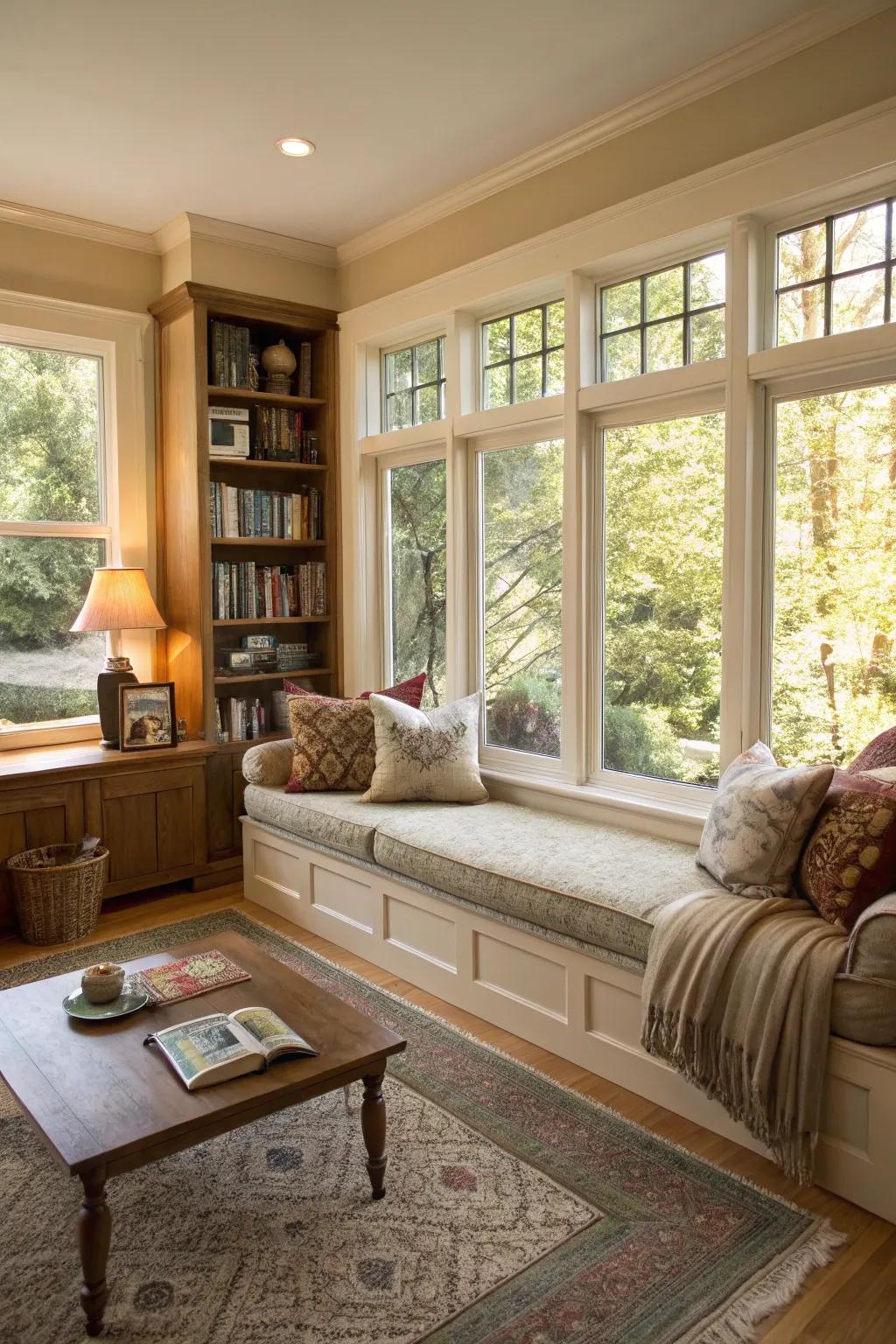 A cozy window seat perfect for enjoying the view or relaxing with a book.